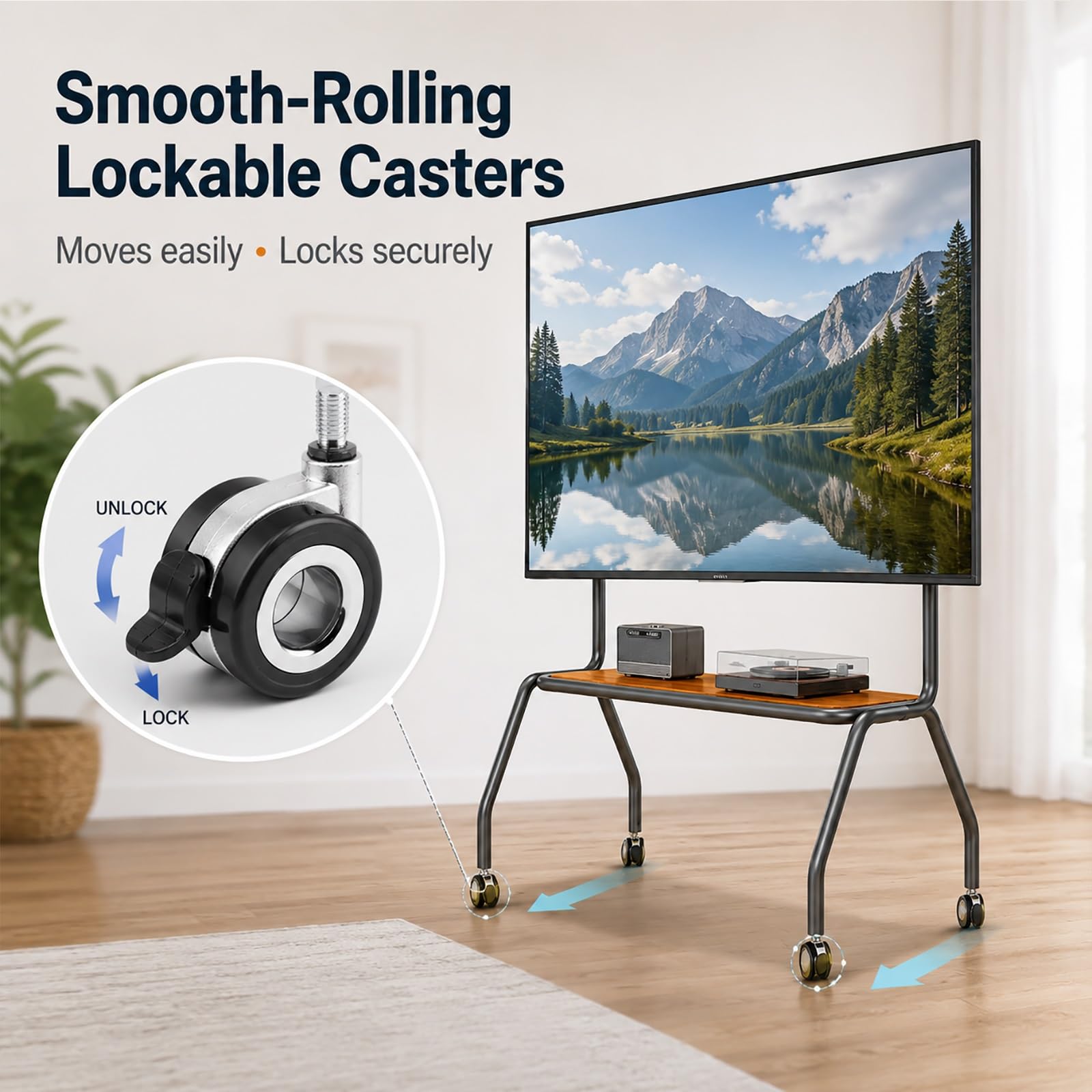 Supporto TV Mobile con Ruote, Supporto TV Autoportante | Robusto Telaio in Acciaio al Carbonio, Ripiano Portaoggetti per TV da 40–75 Pollici(Brown,120cm/47in)