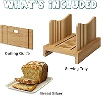 Vista 6 de Cortador de pan de bambú, guías de ancho ajustable. Tabla de cortar de madera resistente. Fácil de cortar para pan casero, bagels y más