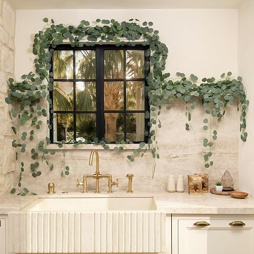 Miniatura 3 de CQURE Paquete de 24 guirnaldas de eucalipto, guirnalda de vegetación artificial, hojas de eucalipto sintéticas, enredaderas de mesa para telón de