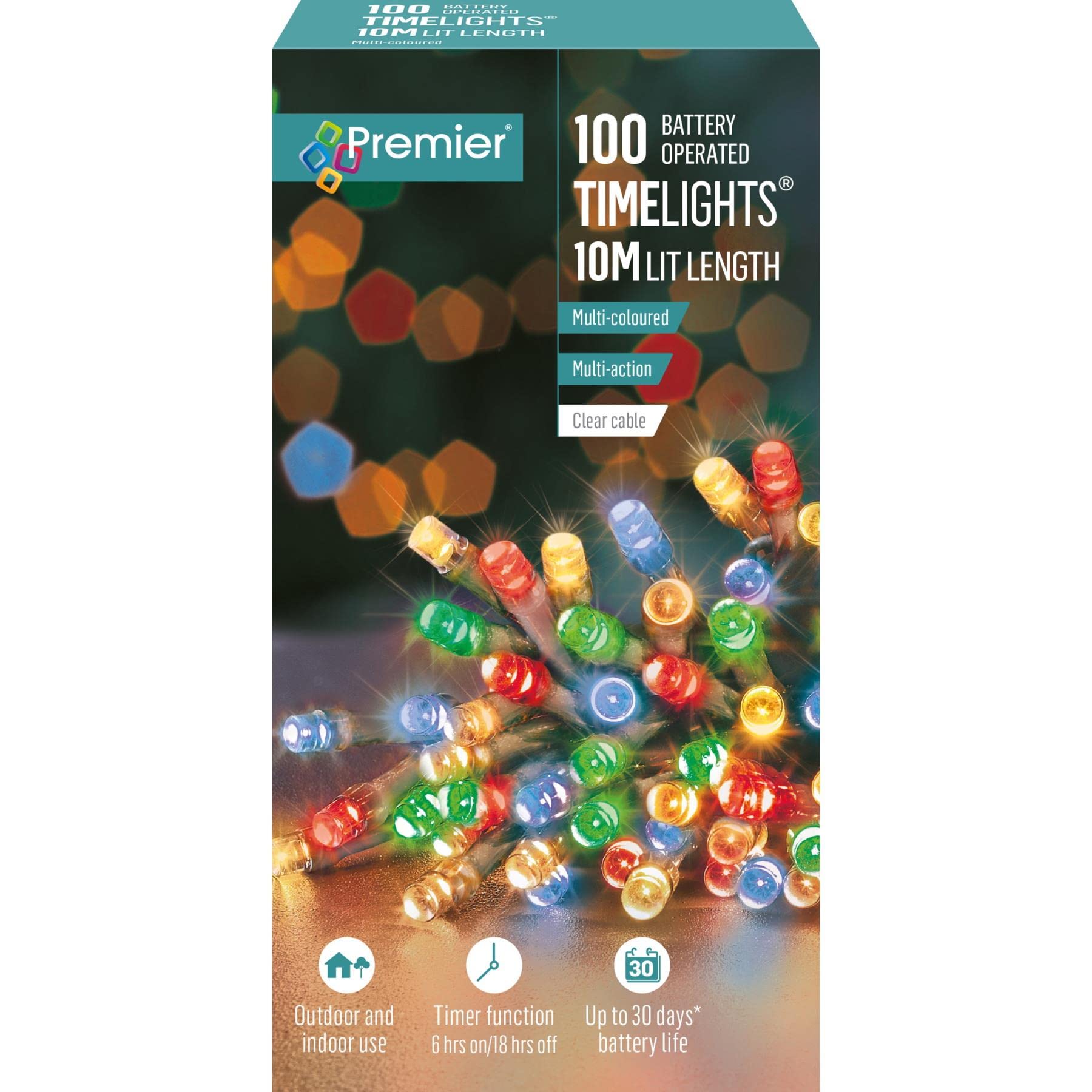 Premier 100 Timelights Battery Operated 10m Clear Cable Multi Action String Lights - Multi-Coloured
