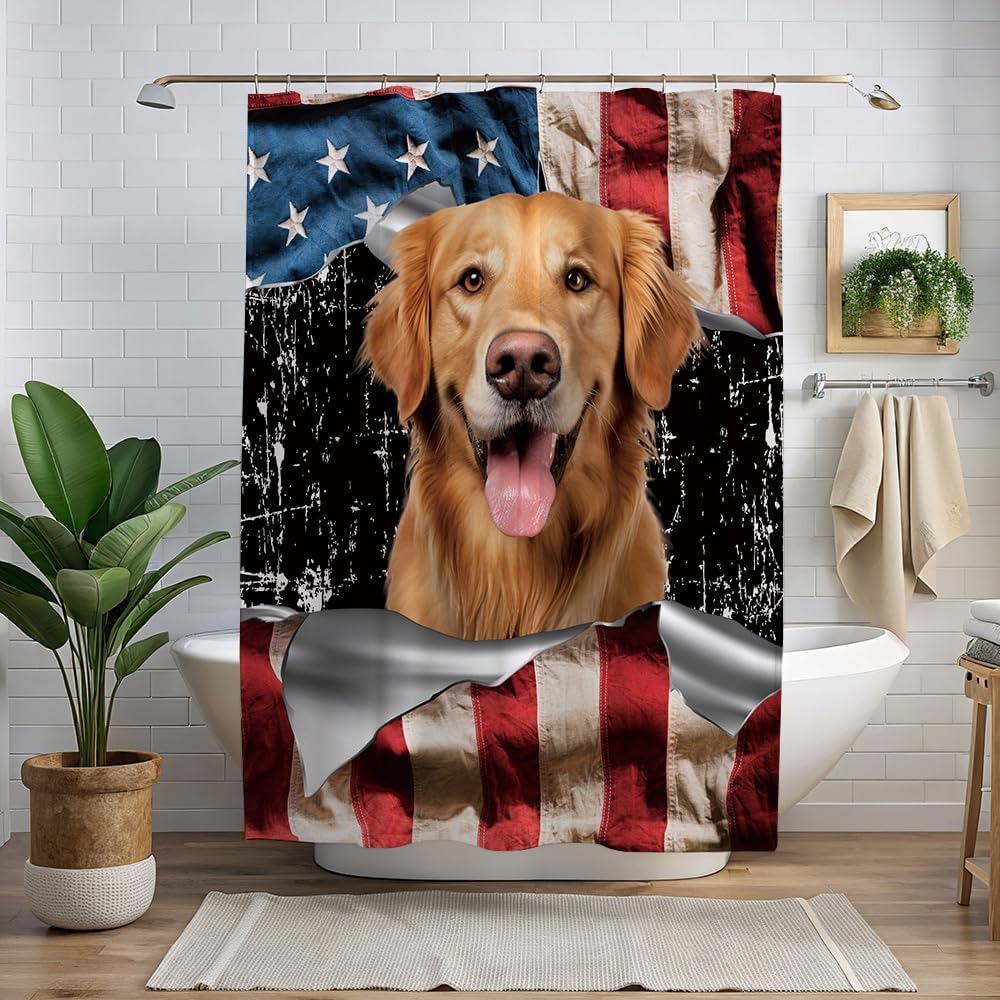 Funny Dog Shower Curtains Australian Cattle Dog with US Flag Decor Bathroom Curtain Waterproof, 72x72 Inches