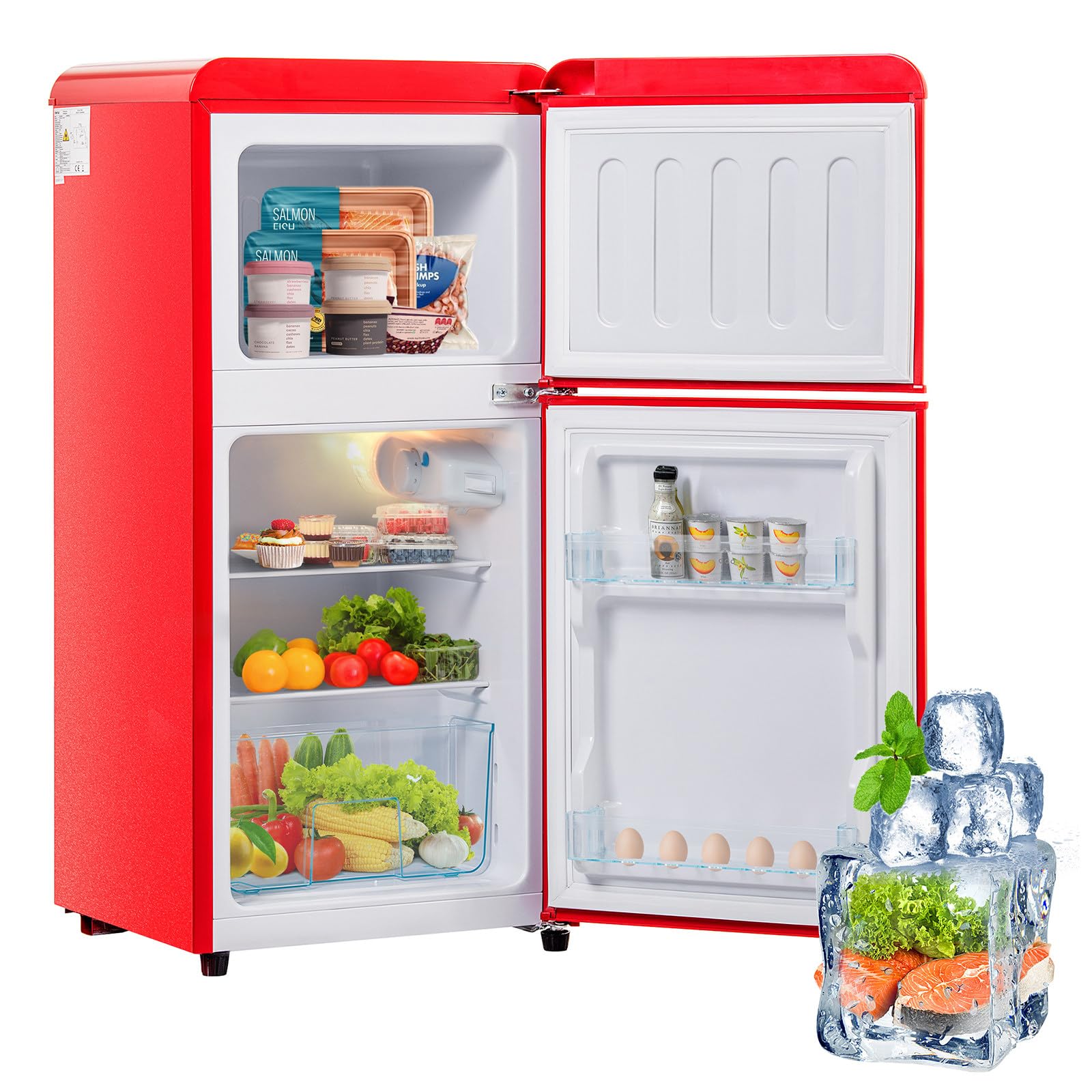 Lodówka Retro 60 L, Mini Lodówka Z Zamrażarką, Połączenie Lodówki I Zamrażarki, 22-Litrowa Komora Zamrażarki, 38-Litrowa Komora Lodówki, Klasa Energetyczna E, 102 Kwh/Rok,Red