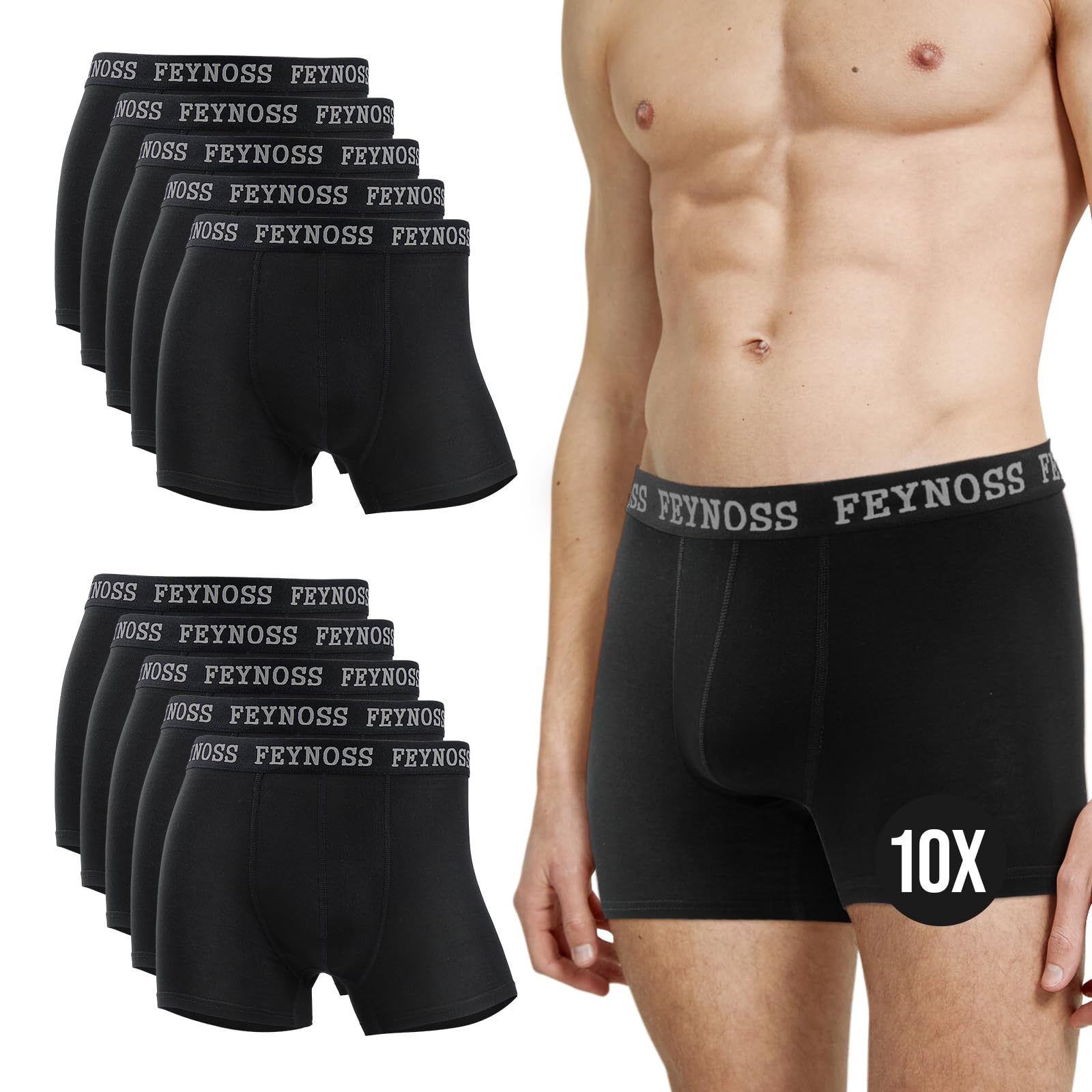 feynoss Boxershorts Herren 10 Pack,Unterhosen Männer,Herren Unterhosen,Boxershorts Herren Baumwolle mit Elastischem Bund,No Scratching Labels,Atmungsaktive,Weiche für Sommer Sport