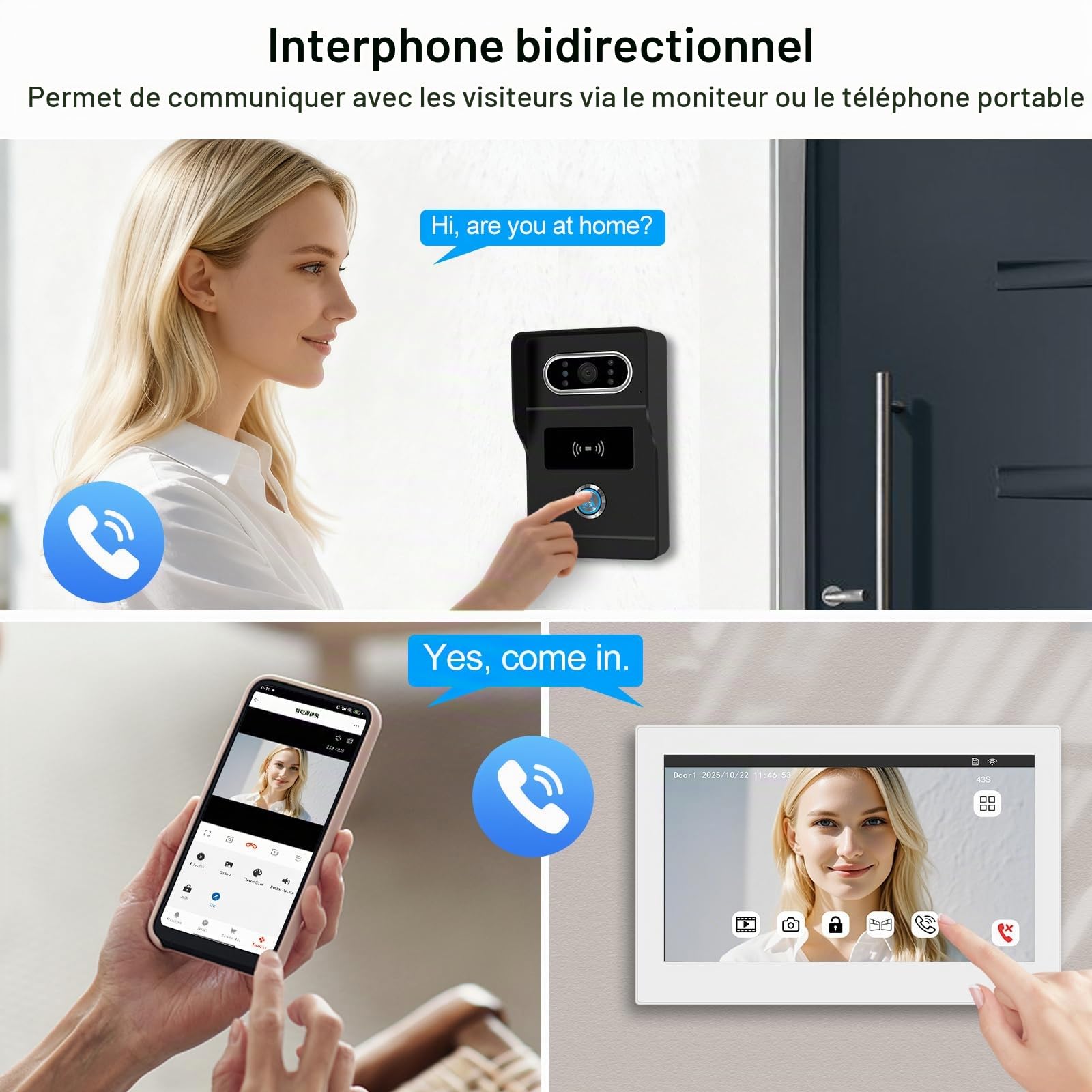2 FilsTuya et 1080P Système d'Intercommunication avec Interphone Vidéo, Déblocage RFID,Détection de Mouvement,Vision Nocturne et Lecture Vidéo,Idéal pour Les Appartements+Hei