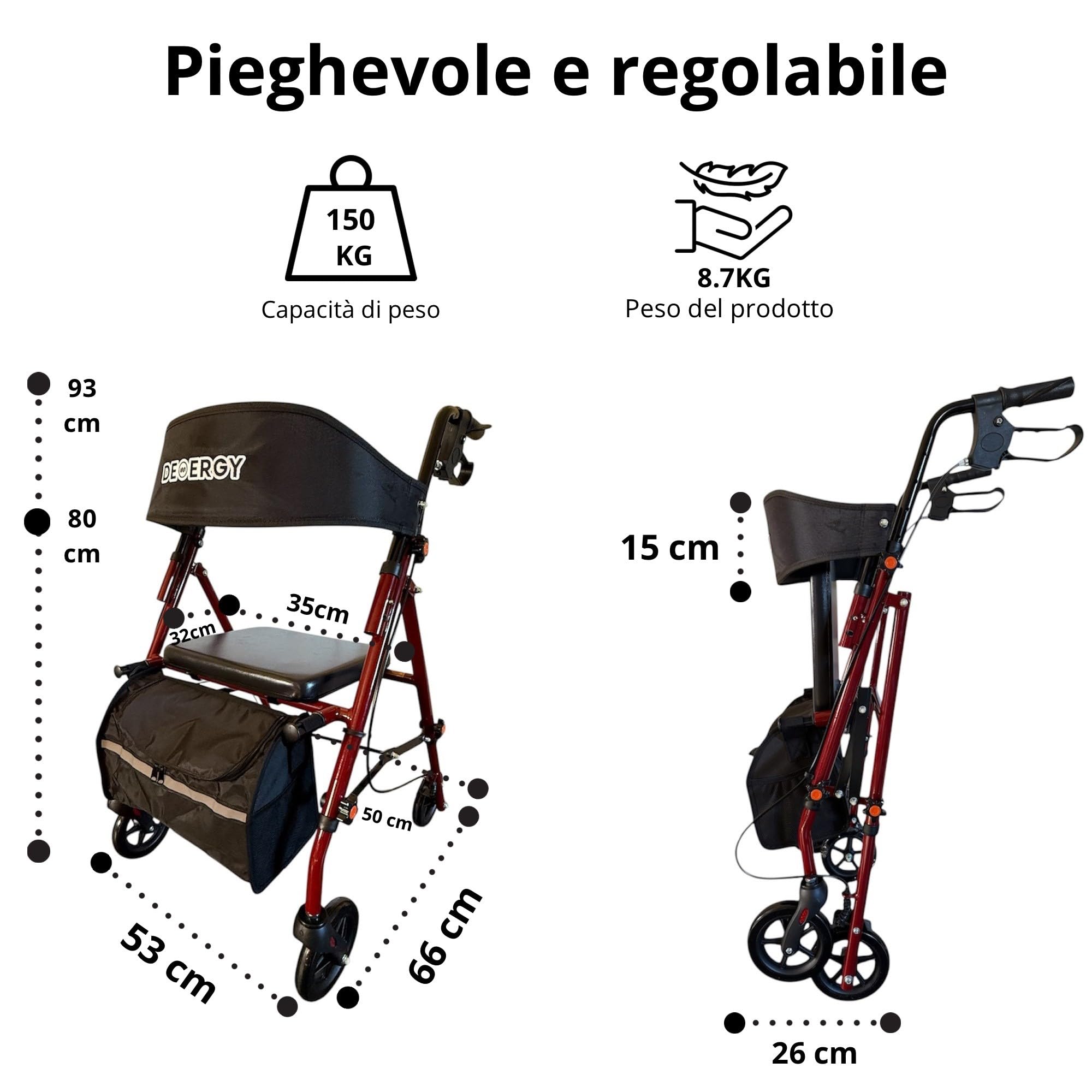 DEMERGY® Deambulatore per Anziani Pieghevole Leggero con Sedile Extra Spesso e Schienale 4 Ruote per Tutti i Terreni Freni Manuali Altezza Regolabile Include Zaino Ideale Anziani e Persone con Mobili