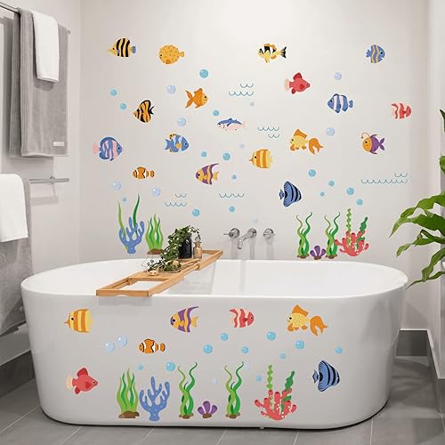 Miniatura 3 de Calcomanías coloridas de pared de peces submarinos para despegar y pegar, calcomanías de pared de peces y algas marinas para cuarto de bebé, baño,