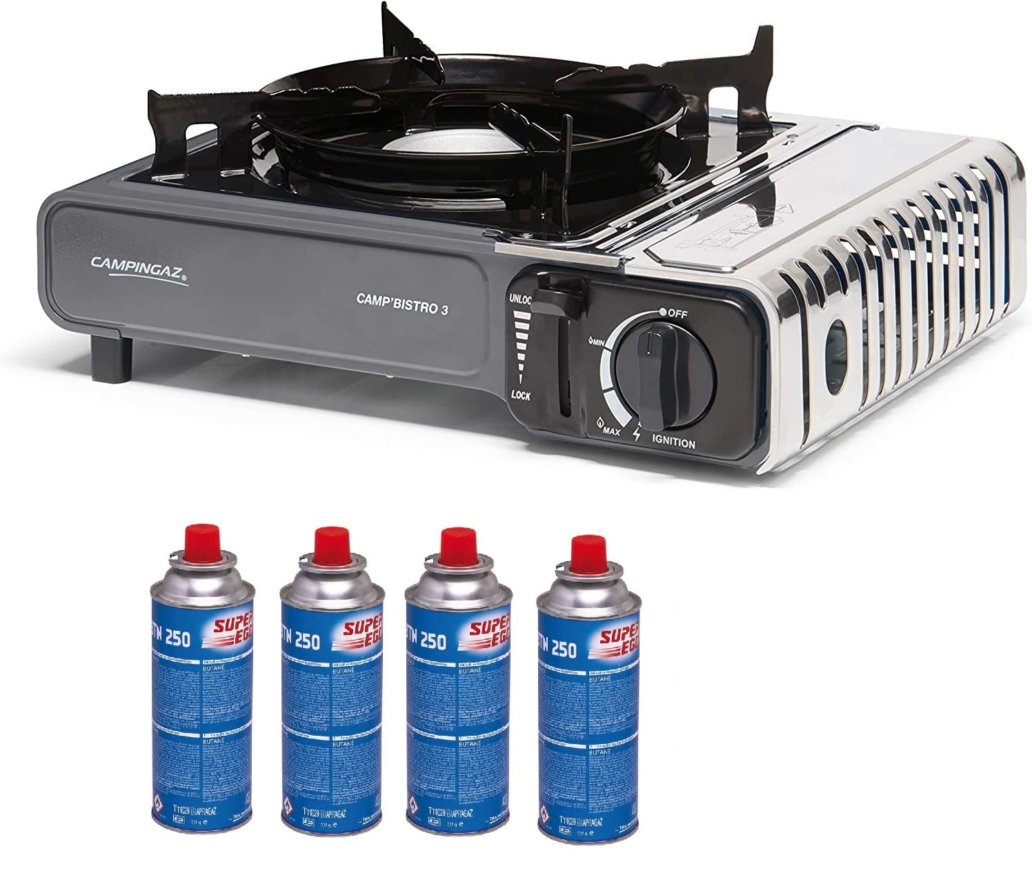 FYSHOP. PACK Campingaz Camp Bistro hornillo de Gas Individual, hornillo de Camping, Potencia 2200 W + 4 CARTUCHOS DE GAS SUPER EGO