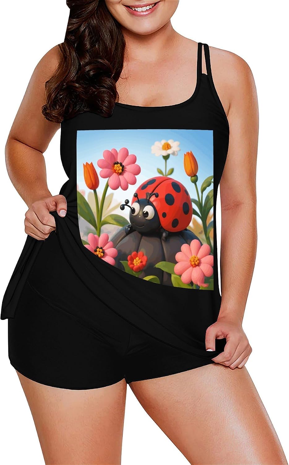Cartoon Ladybug Flower Tankini Swimsuits for Women Tummy Control Two Piece Bathing Suits Swim Tops with Boy Shorts