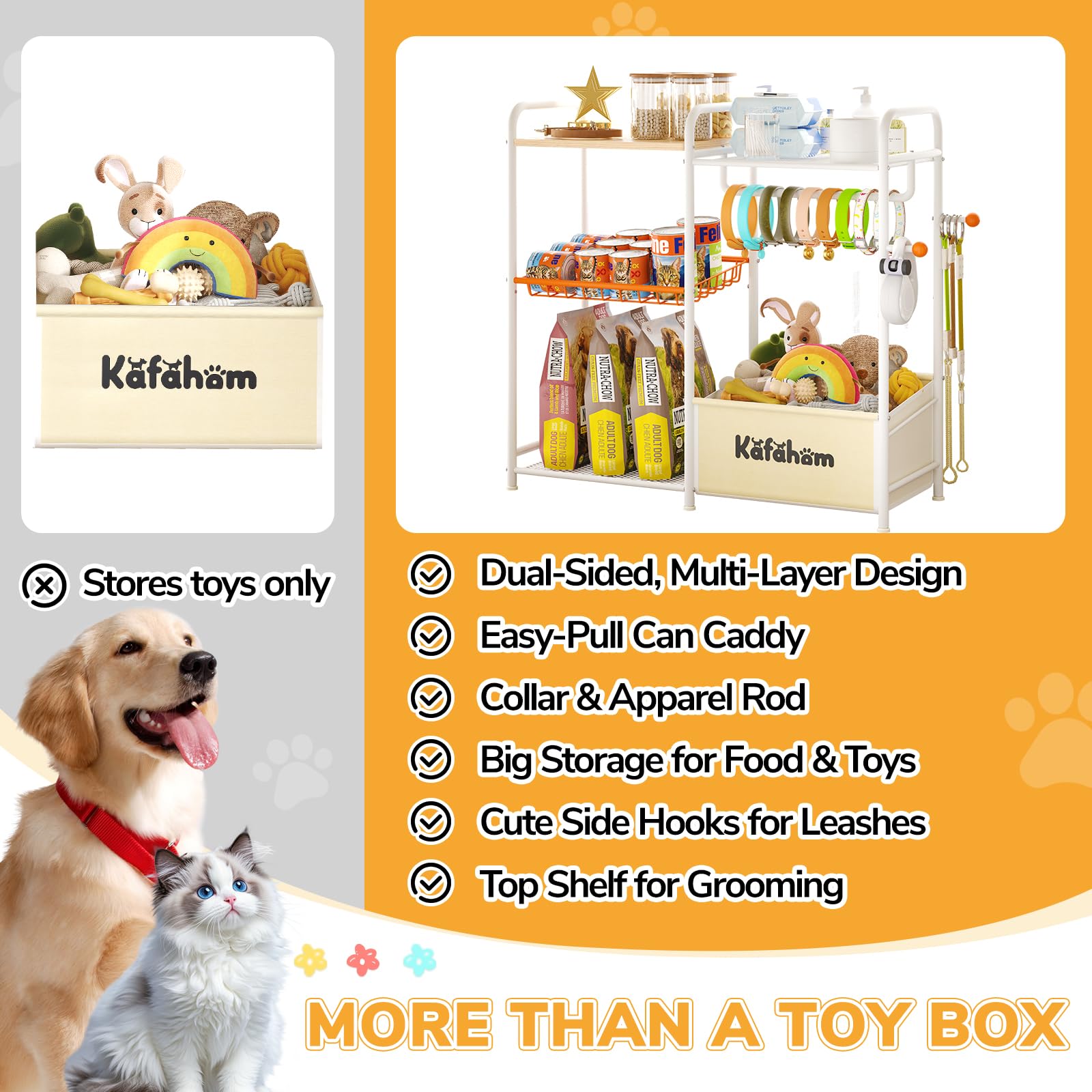 KAFAHOM Cestino per giocattoli per cani e accessori per animali domestici, stazione di alimentazione multifunzionale per gatti con organizer per lattine e postazione per animali domestici, grande