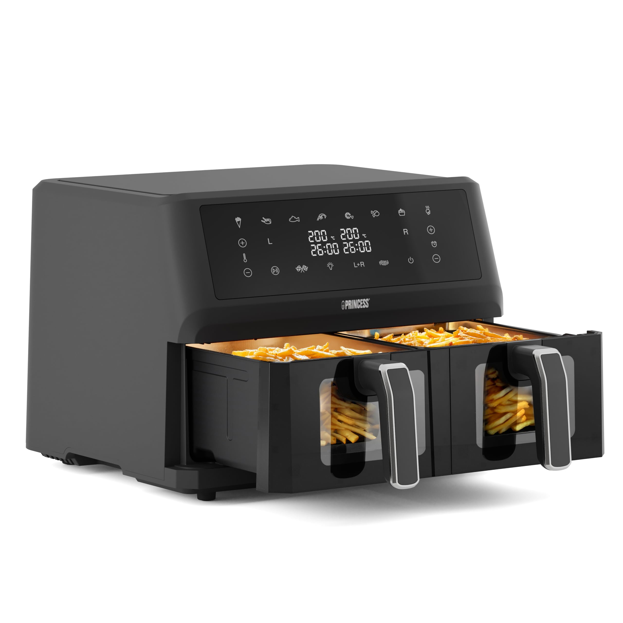 Friggitrice Princess senza olio con doppio cestello - 11 L - Senza BPA e PFAS - Fine cottura sincronizzato - 8 programmi - Finestra di visualizzazione - 2400 W - 182276, 2x5,5 L