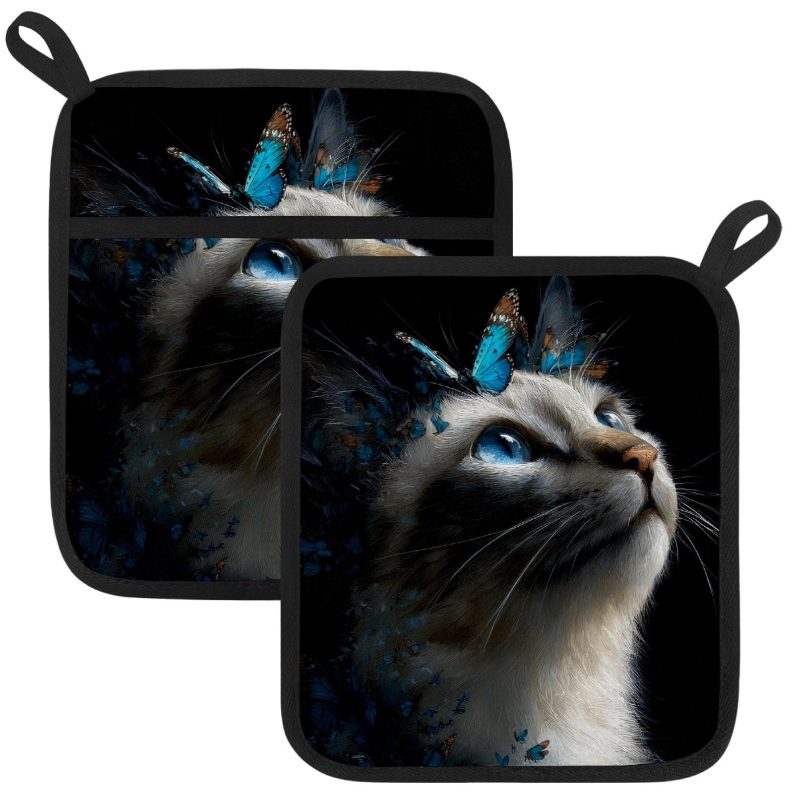 VAPOKF Cat Butterfly Pot Holders with Pocket for Kitchen Heat Resistant Potholders Large Polyester-Cotton Square Oven Mitts Set