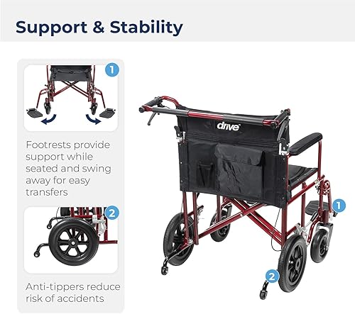 Miniatura 5 de Drive Medical Silla de transporte bariátrica plegable para exteriores, brazos de longitud completa con ruedas traseras planas de 12 pulgadas, color