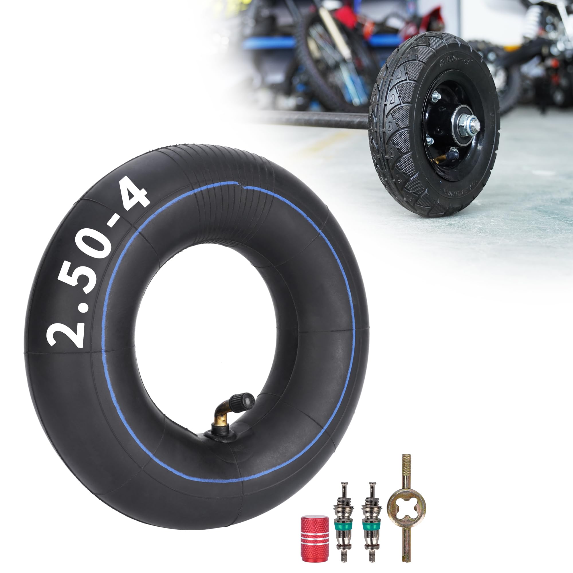 2.50-4 Chambre à air Pneu 250-4 avec tige de valve coudée TR87 pour rasoir E300, hachoir de mobilité, chariot de jardin, épandeur, scooter motorisé à 3 roues, diable