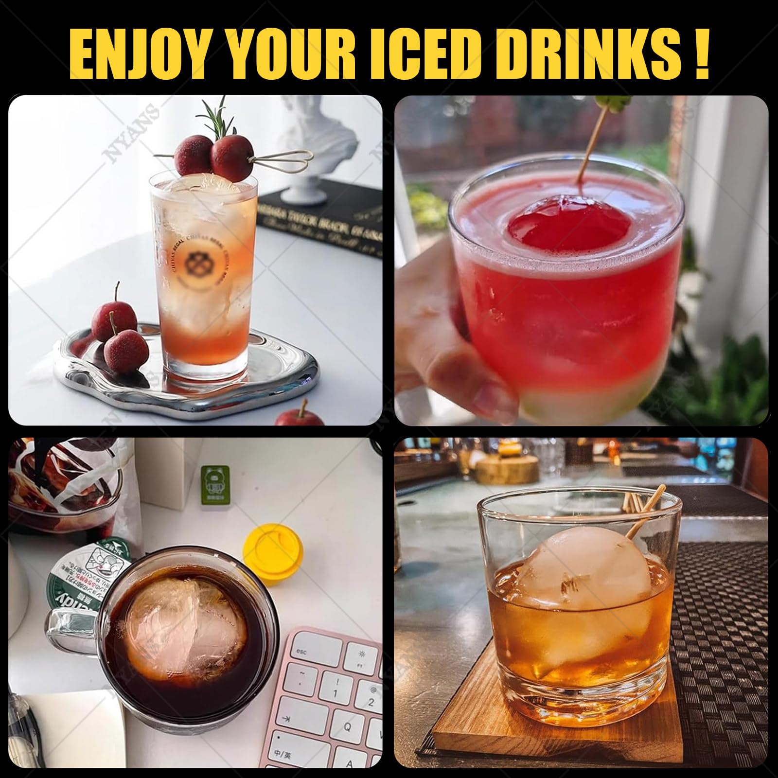NYANS Máquina para Hacer Bolas De Hielo Transparentes De 2 Pulgadas: 2 Bolas De Hielo Listas En 40-60 Minutos, Autolimpiable con Pinzas para Cócteles, Whisky y Bourbon. 42 Piezas/Día