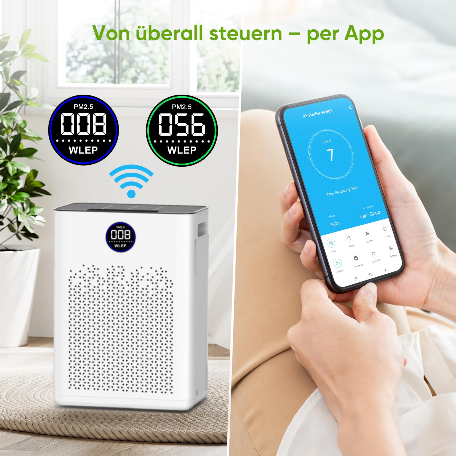 Luftreiniger mit App & Alexa, H14 HEPA Aktivkohlefilter, Smart Luftreiniger für Allergiker, gegen Pollen, Staub, Tierhaare & Gerüche, leiser Schlafmodus, Auto-Modus für Schlafzimmer & Wohnung