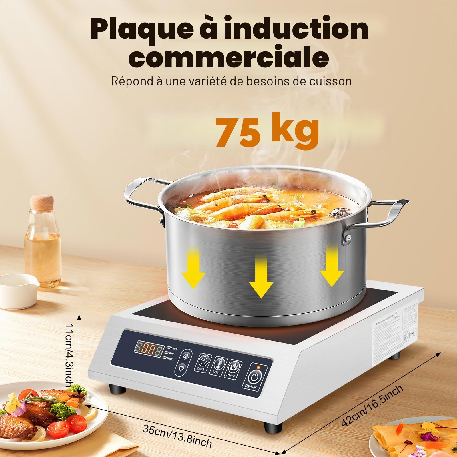 Plaque de cuisson à induction 220 V 3500 W - Plaque de cuisson à induction professionnelle en acier inoxydable avec 11 niveaux et minuterie 24 h - Pour restaurants, camping - 35 x 42 cm