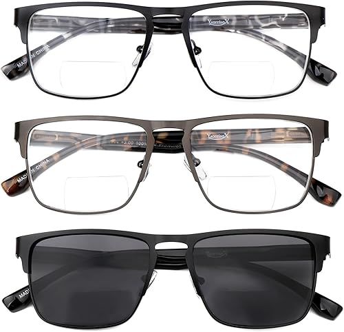 YsorrisoX Paquete de 3 lentes de sol bifocales de lectura para hombres y mujeres, lectores cuadrados de bisagra de resorte de metal YsorrisoX Paquete de 3 lentes de sol bifocales de lectura para hombres y mujeres, lectores cuadrados de bisagra de resorte de metal