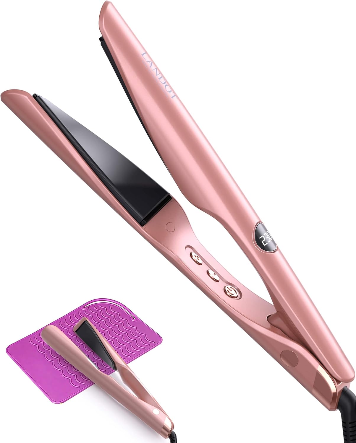 LANDOT 2-in-1 Hair Straightener and Curling Iron: Twist Flat Iron Curler for Curl Wave Straighten – Ceramic Straightening Iron Dual Voltage 12 Temp 250-450F for Smooth Curls & Sleek Straight Results