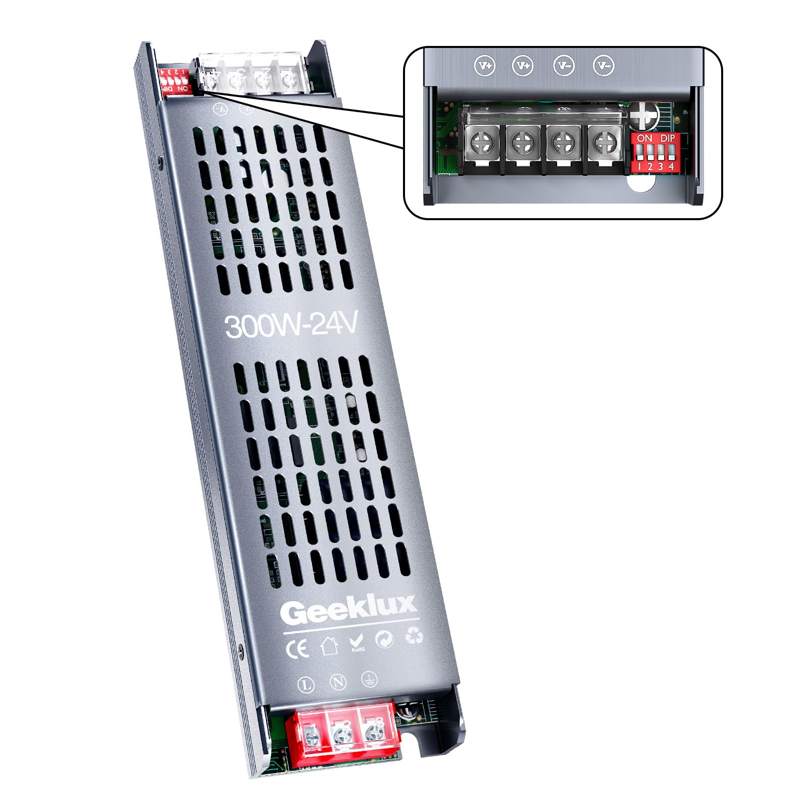 Alimentatore LED 24V 300W Ultra Sottile Dimmerabile 4 Livelli, Trasformatore 220V AC a DC 12.5A, Driver LED a Tensione Costante per Striscia (24V, 300, Watt)
