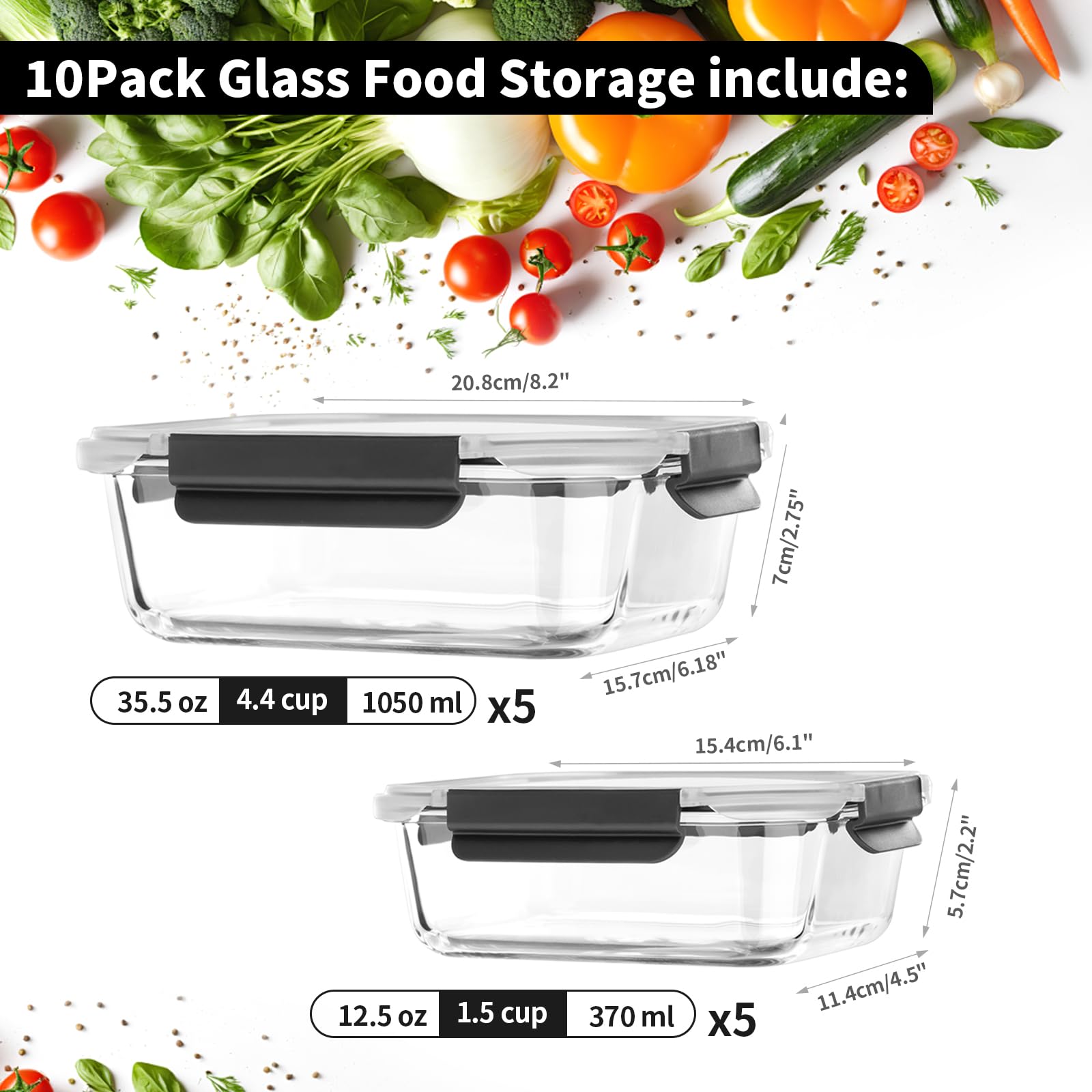 10 Pack Glas Meal Prep Containers, Glas Frischhaltedosen mit Deckel Luftdicht, Glas Vorratsdosen Set mit Deckel für Lebensmittel, BPA-frei, auslaufsicher, Mikrowelle Ofen Gefrierschrank