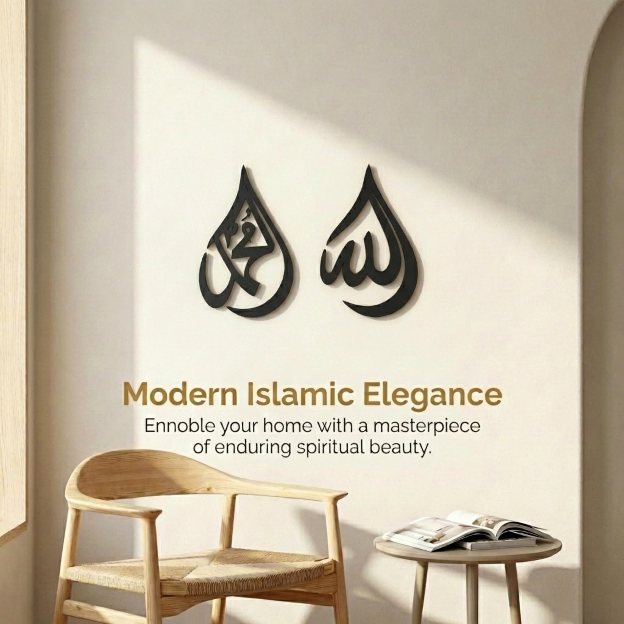Allah (SWT), Mohammad (PBUH) Holz-Acryl-Tropfen-Design, islamische Wandkunst, Koran, arabische Kalligraphie-Dekoration, islamische Dekoration, Geschenk für Muslime im Ramadan (schwarz, Größe XL, 76,2