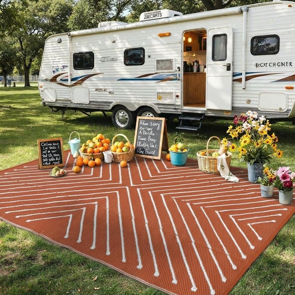 Garvee 8x10 Reversible Outdoor Patio Rug, Waterproof Large Camping Mat for RV, Beach, Balcony, Easy Clean Foldable Orange Outdoor Carpet, Orange&White.