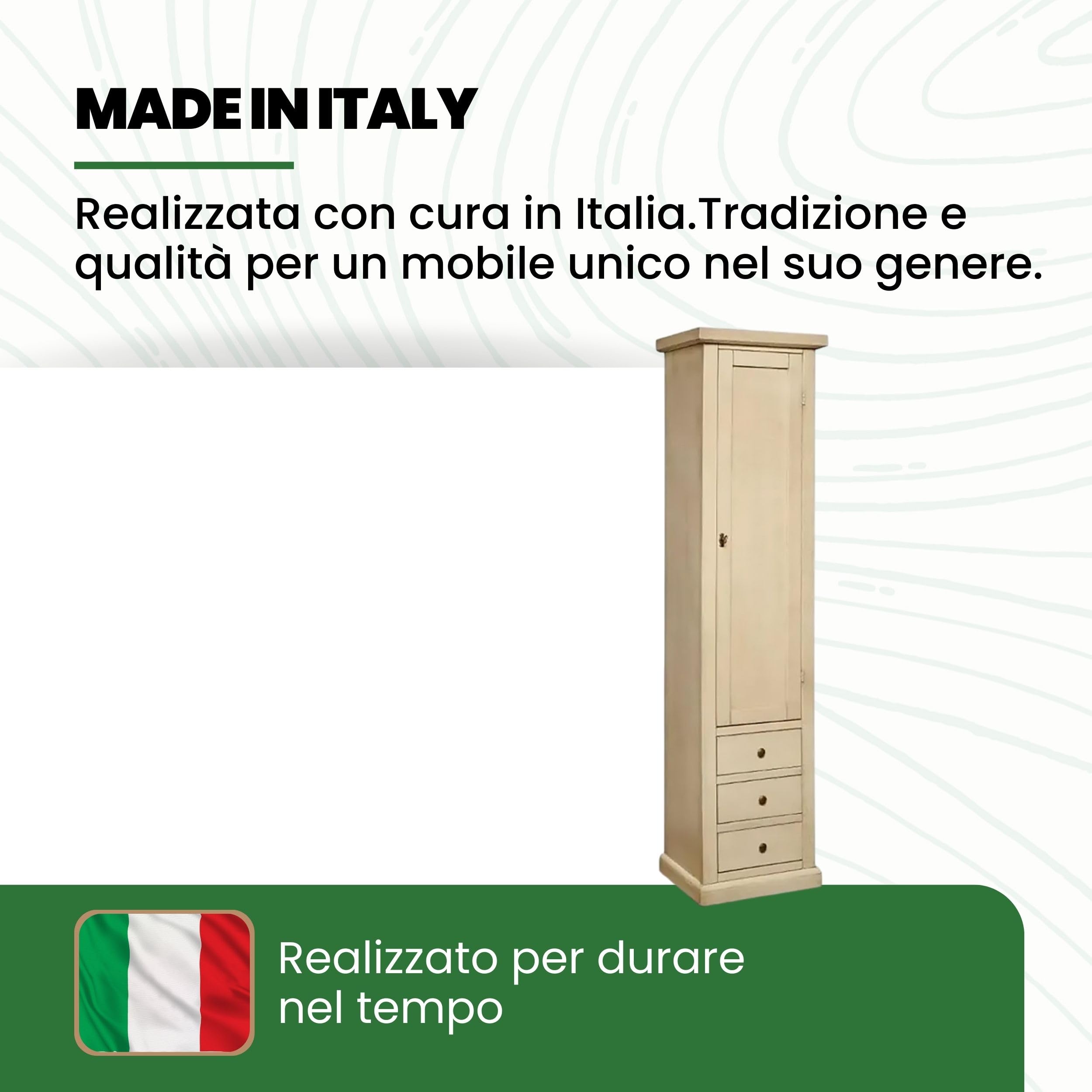 Mar.c.a. Design - Vetrinetta Arte Povera in Legno 45x41x187 cm - 1 Anta 3 Cassetti con Base Piatta - Made in Italy