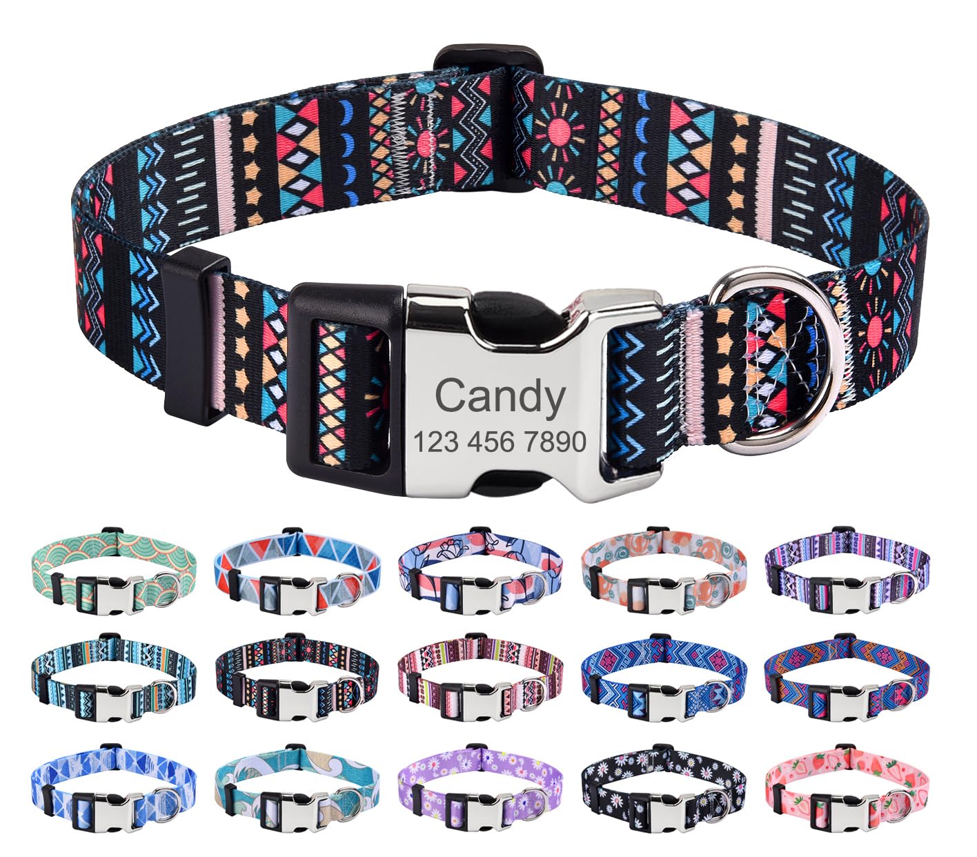 Mihqy Personalized Dog Collars, Customized Dog Collar with Name and Phone Number, Multiple Patterns & 4 Sizes Floral Geometry Dog Collar for Puppy