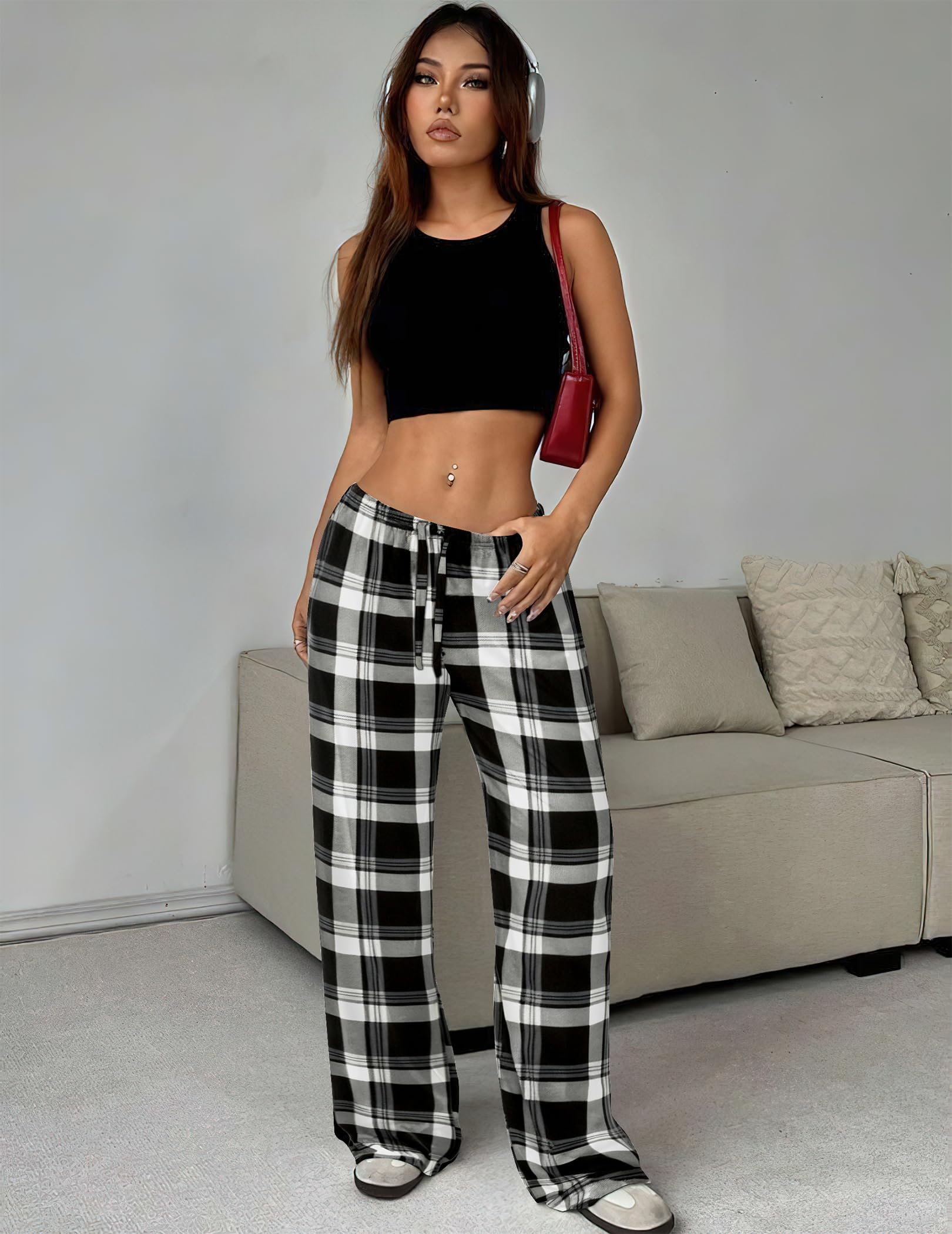 Ekouaer 2 Pièces Bas de Pyjama Femmes Pantalon Pyjama Femme à Carreaux Pantalon de Nuit avec Poches Doux Pantalon Long Vêtements de Nuit S-XXL