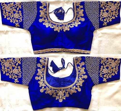 Miniatura 2 de Indian Hawker Phantom Silk Golden Zari Embroided Thread Heavy Handwork Sari Blusa Media Manga Readymade para Mujer