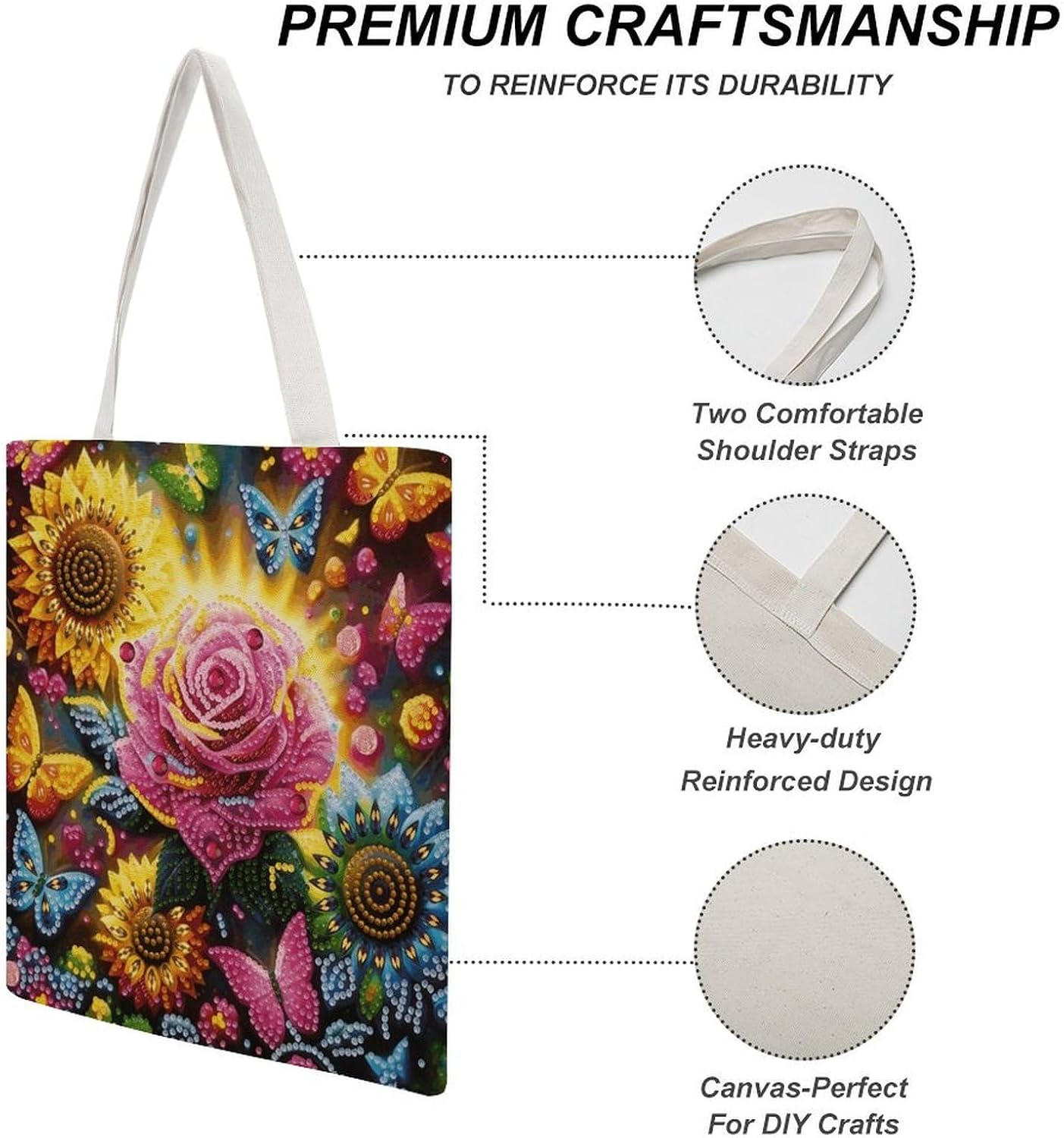 Crystal Diamond Floral Canvas Tote Bag Reusable Grocery Bags Foldable Soft Cotton Shoulder Carry Bag