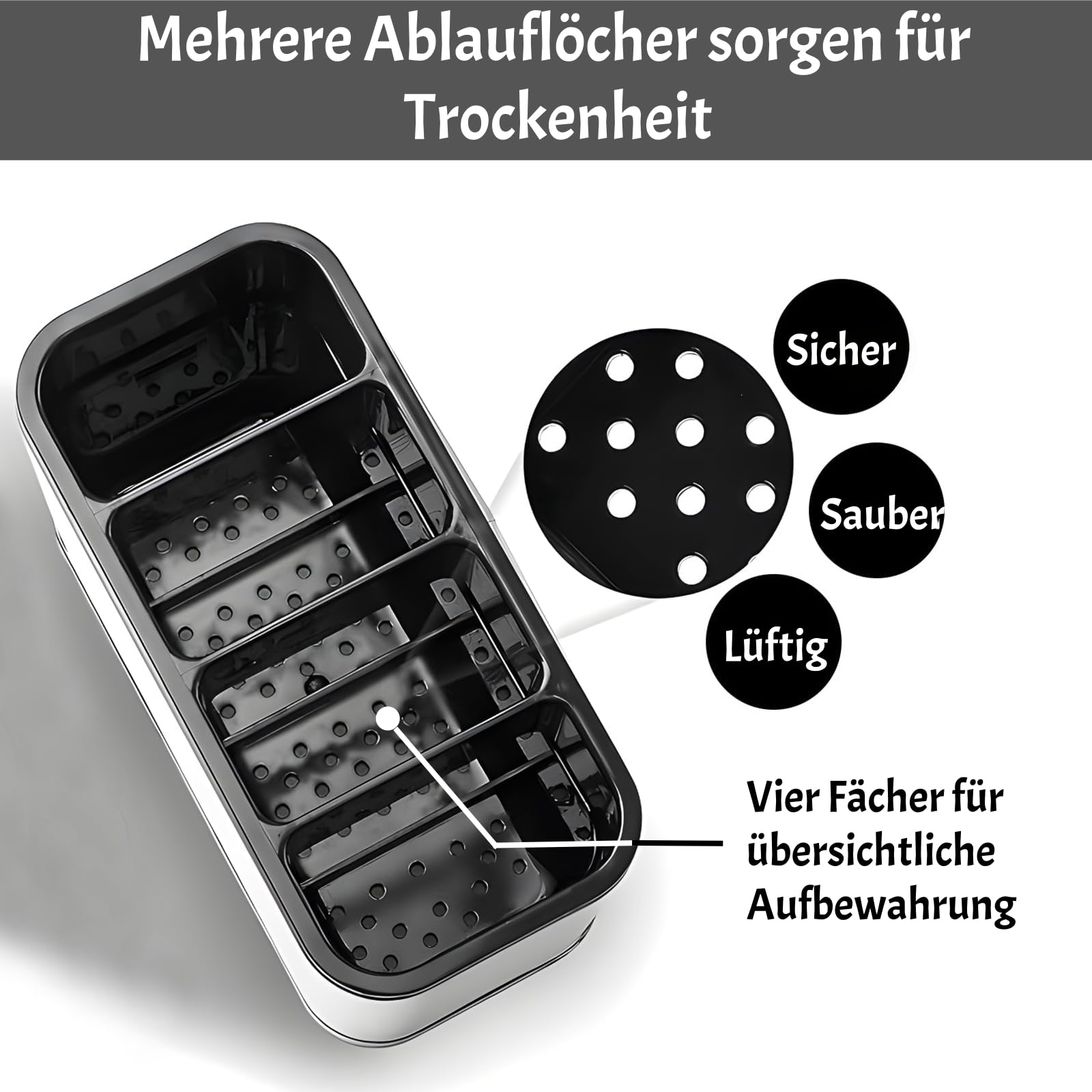 Besteckhalter Besteck Organizer Küchenutensilienhalter Besteckaufbewahrung | Edelstahl 4 Separate Fächer, mit Ablauflöchern, Luftdurchlässig & Schimmelfest, Zerlegbar