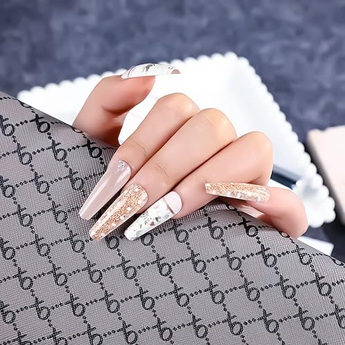 Miniatura 2 de 24 uñas postizas largas a presión de ataúd, color marrón, cobertura completa con diseño de patrón de flores, uñas postizas acrílicas brillantes para