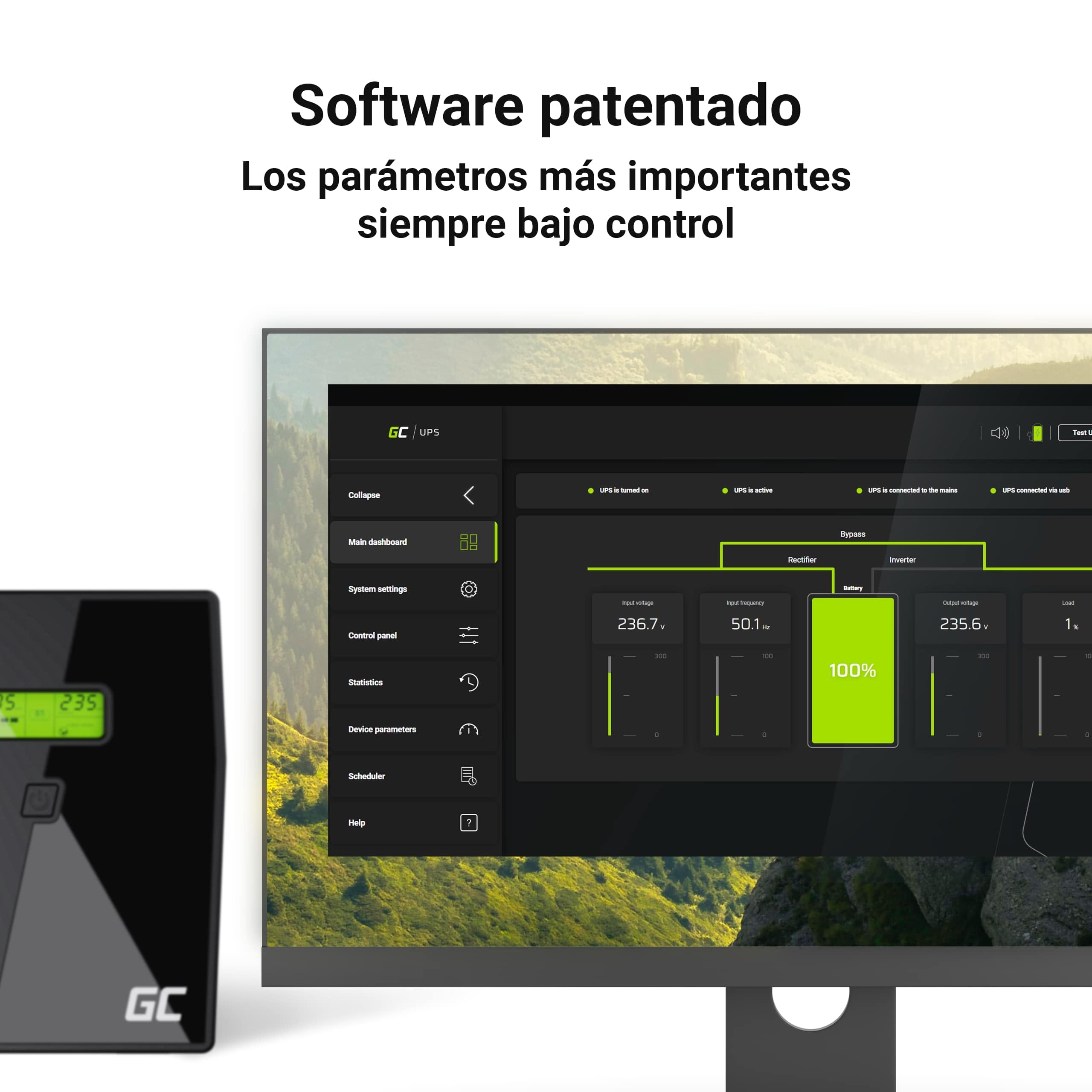 Green Cell® SAI Sistema de alimentación ininterrumpida UPS Potencia 1500VA (900W) 230V Fuente de alimentación Continua Line Interactive senoidal AVR USB/RJ45 4X Schuko IEC LCD 1000-1999VA