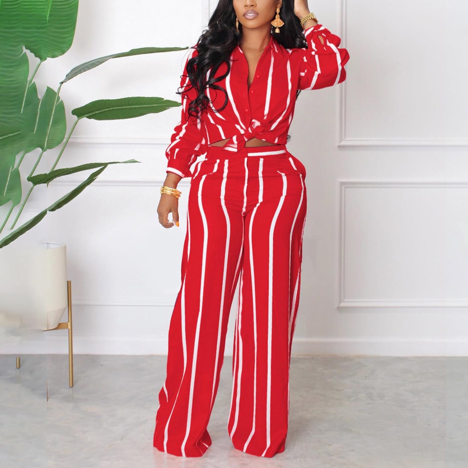 Women Casual Two Piece Outfits Striped Long Sleeve Collar Button Down Shirt High Waist Wide Leg Pants Sets Streetwear Red