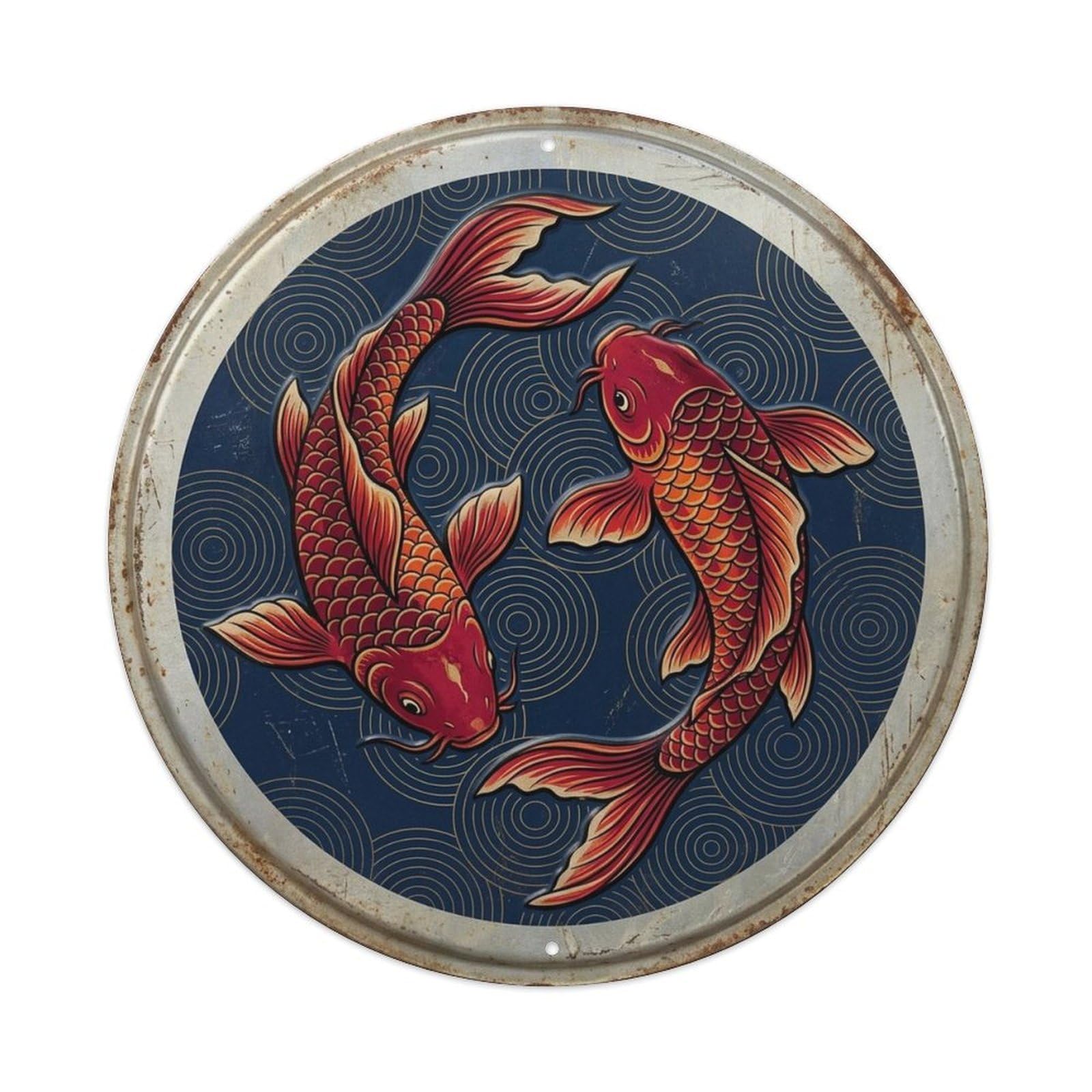 Oriental Koi Crimson Dynasty Feng Shui Garden Asian Water Metal Tin Sign Plaque Wall Decor for Cafe, Man Cave, Club Bar, Office, Home Garden Round Metal Poster 8x8Inch