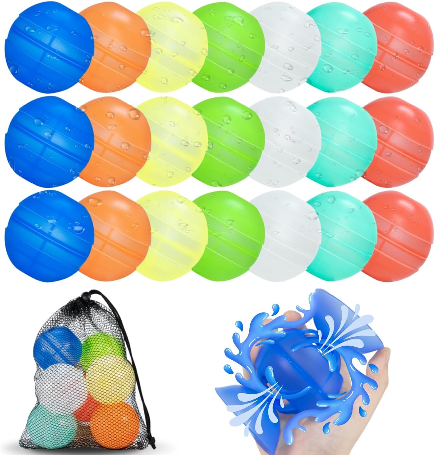 Reusable Water Balloons 21 Pack Unique Double Water Inlet Silicone Water Bomb Pool Toys Non-Magnetic Quick Fill Self Sealing Water Splash Balls Games for Kids 3-12 Summer Outdoor Beach Activities Gift