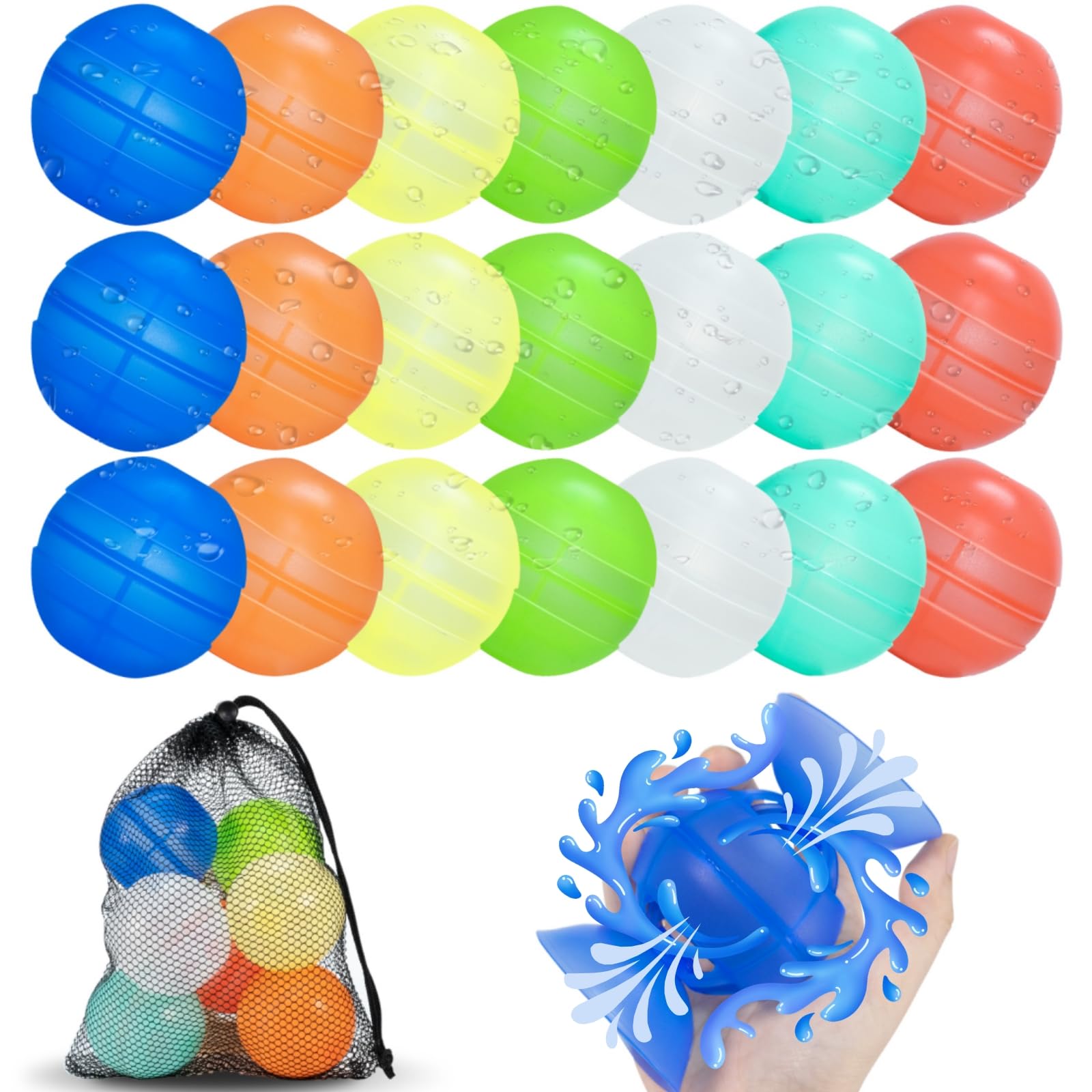 Reusable Water Balloons Unique Double Water Inlet Silicone Water Bomb Pool Toys Non-Magnetic Quick Fill Self Sealing Water Splash Balls Games for Kids 3-12 Summer Outdoor Beach Activities Gift-21 Pack