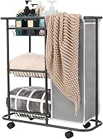 Vista 10 de Cesta de lavandería con 3 cestas de almacenamiento y bolsa de 45 L, carrito de lavandería resistente con ruedas y asa, ahorro de espacio