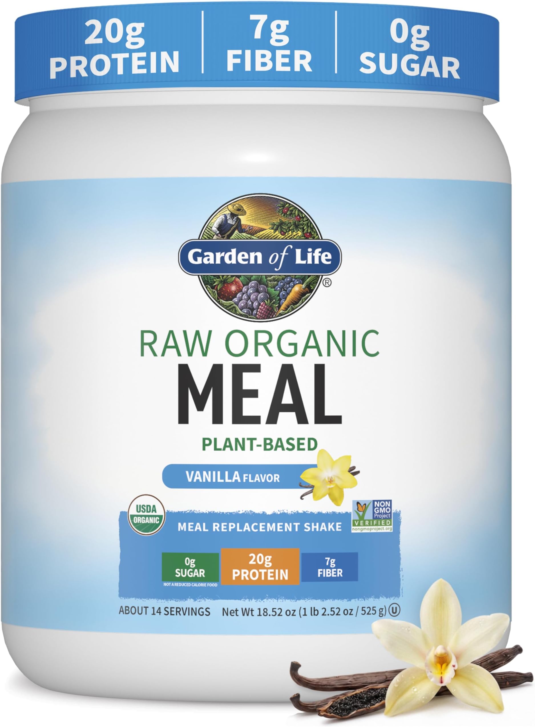 Meal Replacement Vanilla Powder, 14 Servings, Organic Raw Plant Based Protein Powder, Vegan, Gluten-Free