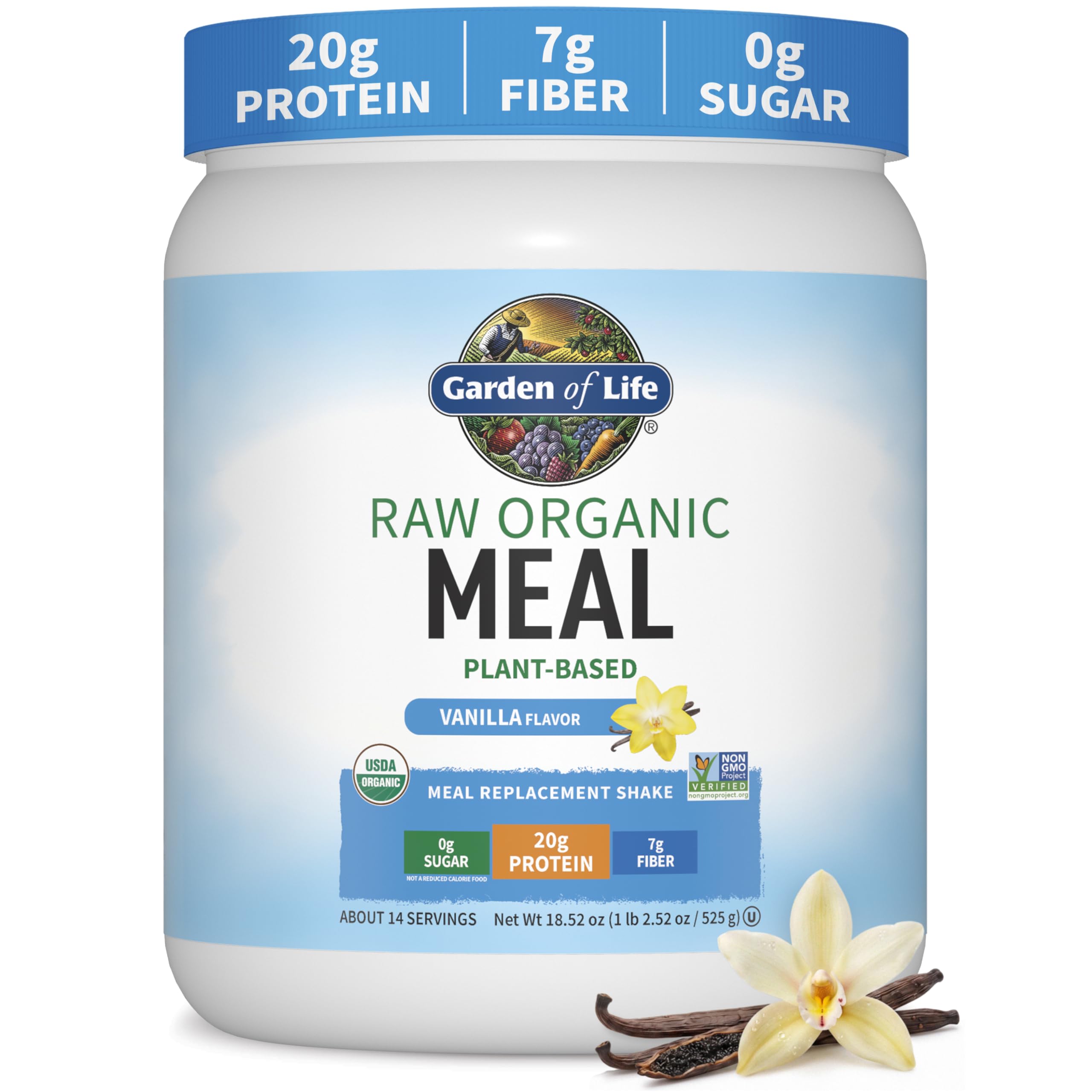 Garden of Life Meal Replacement Shakes, Raw Organic, Vanilla Protein Powder with Plant Based Pea Protein, Sprouts, Greens, Probiotics, Dairy Free 14 Servings Va
