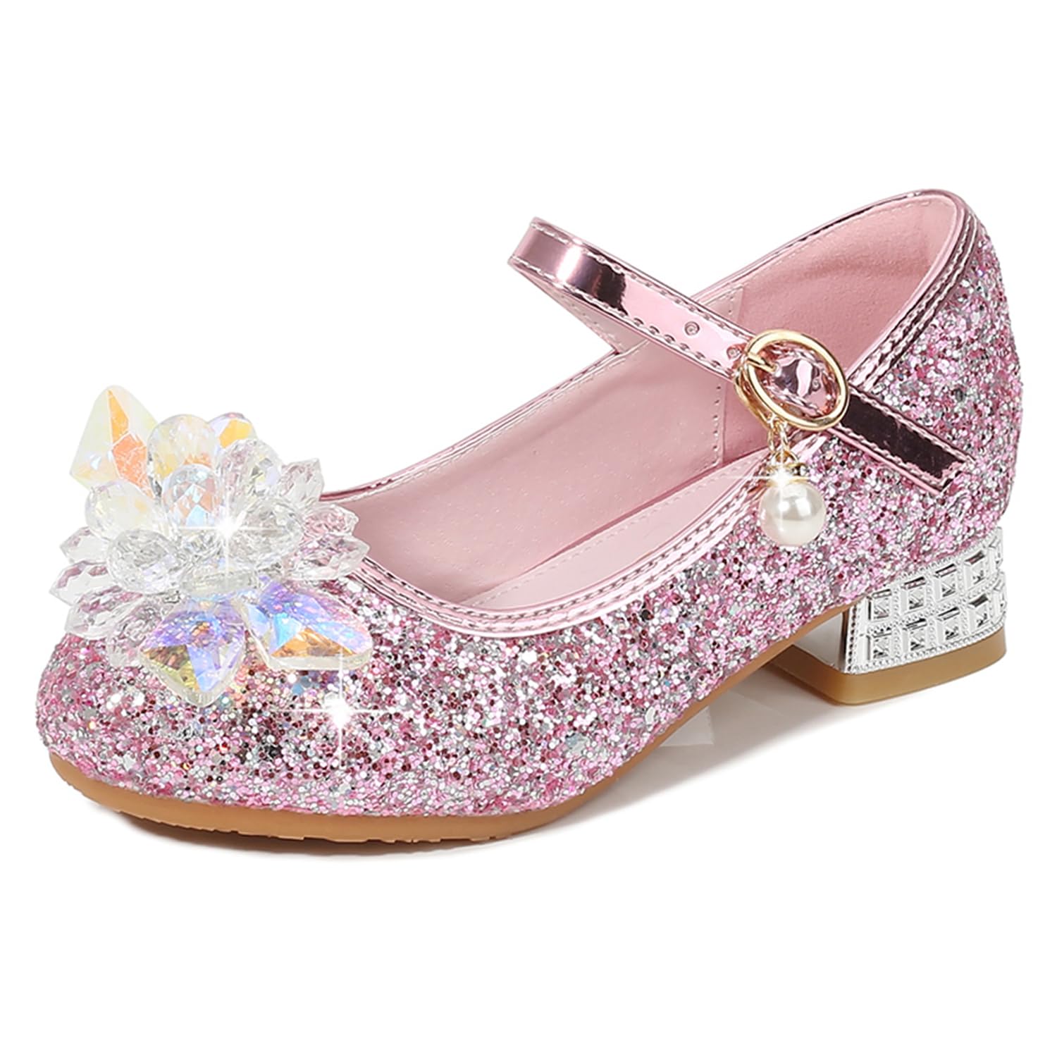 Eleasica Zapato de lentejuelas azul con adorno de cristal de tacón bajo Princesa Cenicienta para niña Zapatos de baile rosas cosplay Princesa Aurora para regalo Reina Elsa zapatillas plateadas