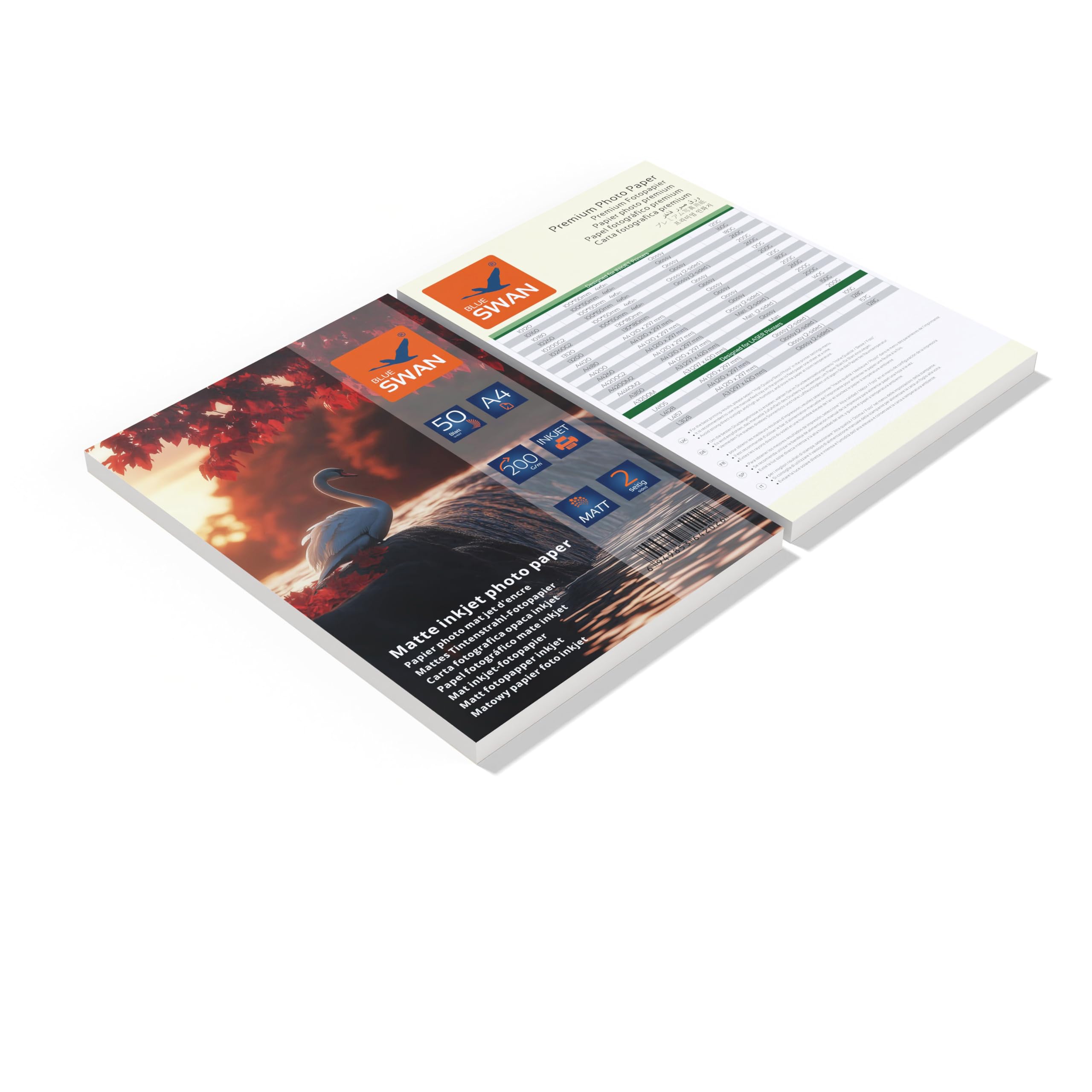 BLUE SWAN Carta Fotografica Opaca A4, 200 g/m², 100 Fogli (2×50) – Rivestimento Opaco Fronte/Retro, Alta Luminosità dei Colori, Bassa Riflettività, Asciugatura Rapida, Compatibile con Stampanti Inkjet