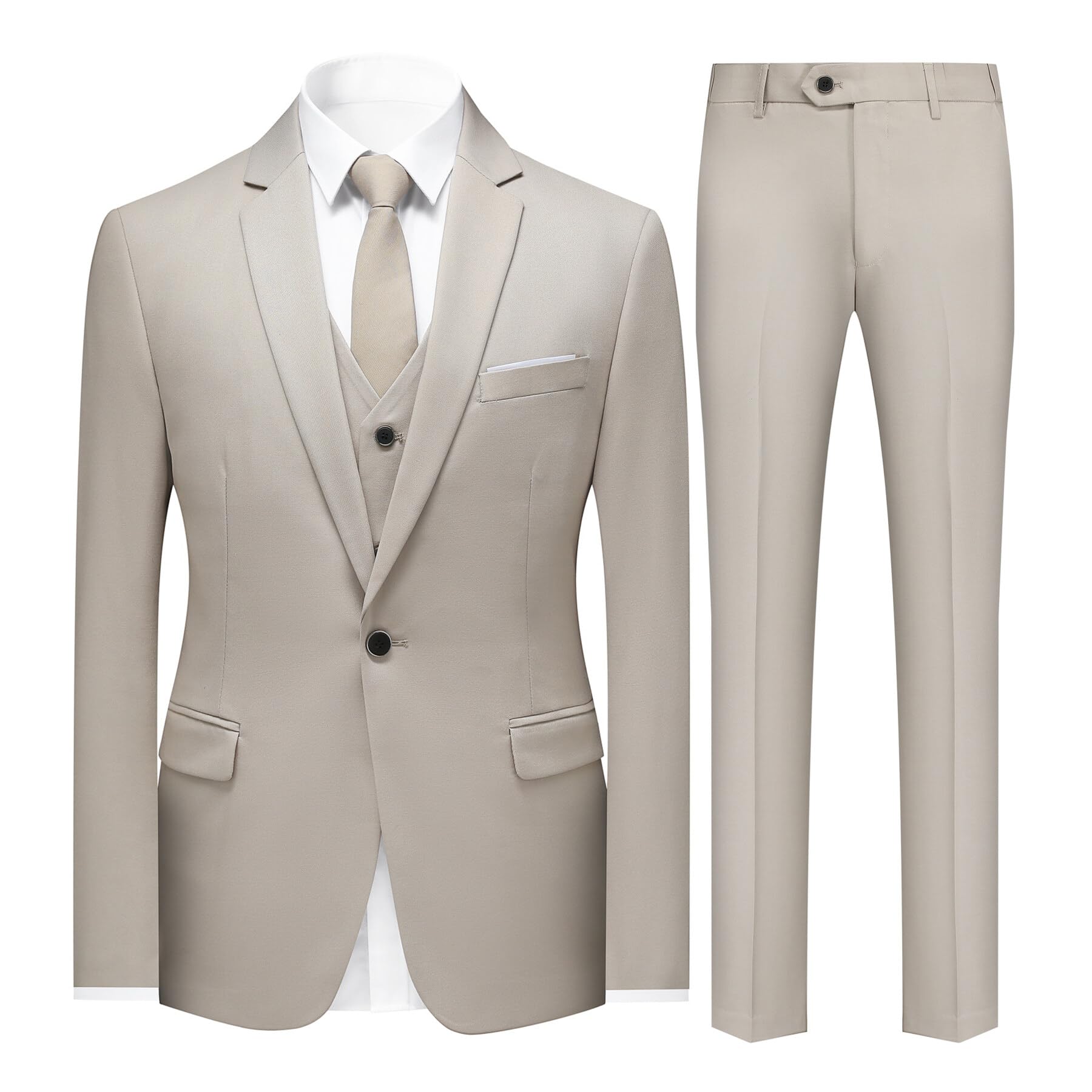 Sliktaa Traje formal de 3 piezas para hombre, con un botón, solapa con muescas, traje de boda, blazer y chaleco, beige, M