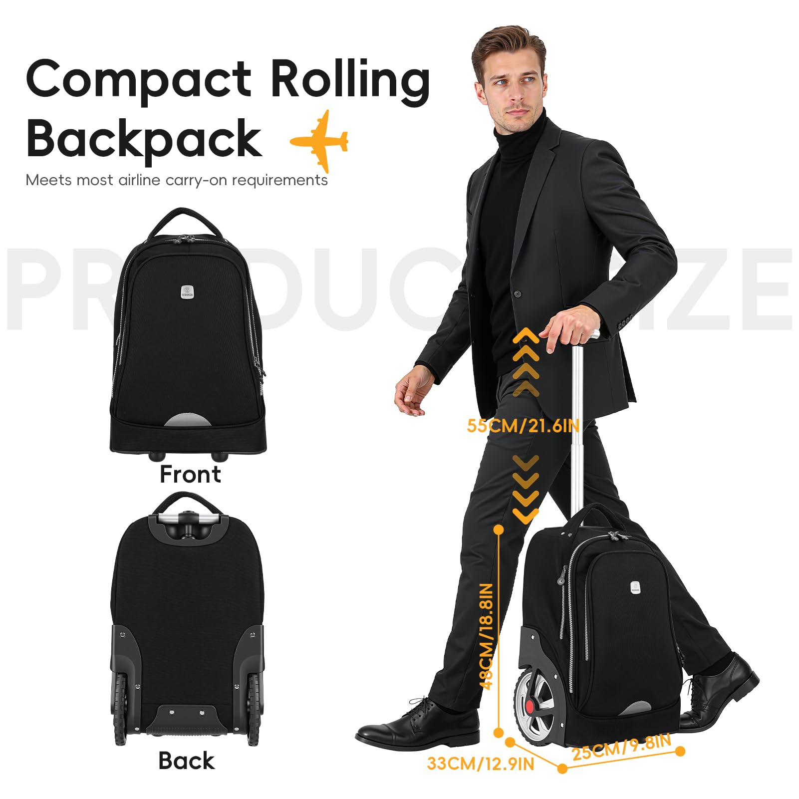 Reiserucksack mit Rollen, 48,3 cm Rolltasche, Laptop-Trolley-Trolley-Tasche, Handgepäck-Koffer für Erwachsene, Business, Uni, Arbeit, Übernachtungsrucksack, Schwarz , S, Klassisch