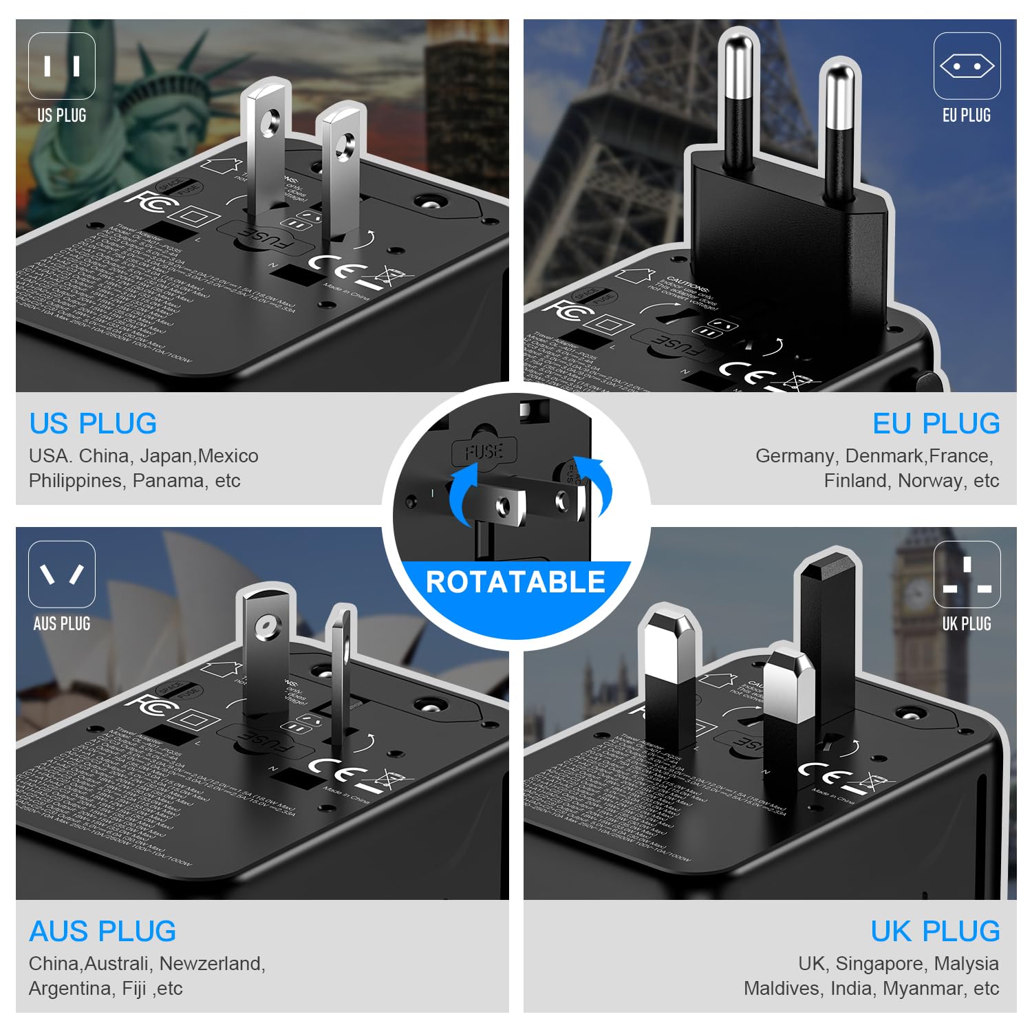 Uniwersalny adapter podróżny (35 W PD szybkie ładowanie) – posiada 3 porty USB-A i 2 porty USB-C, kompatybilność na całym świecie (USA/UK/AU/Azja), ładowarkę typu "wszystko w jednym" i