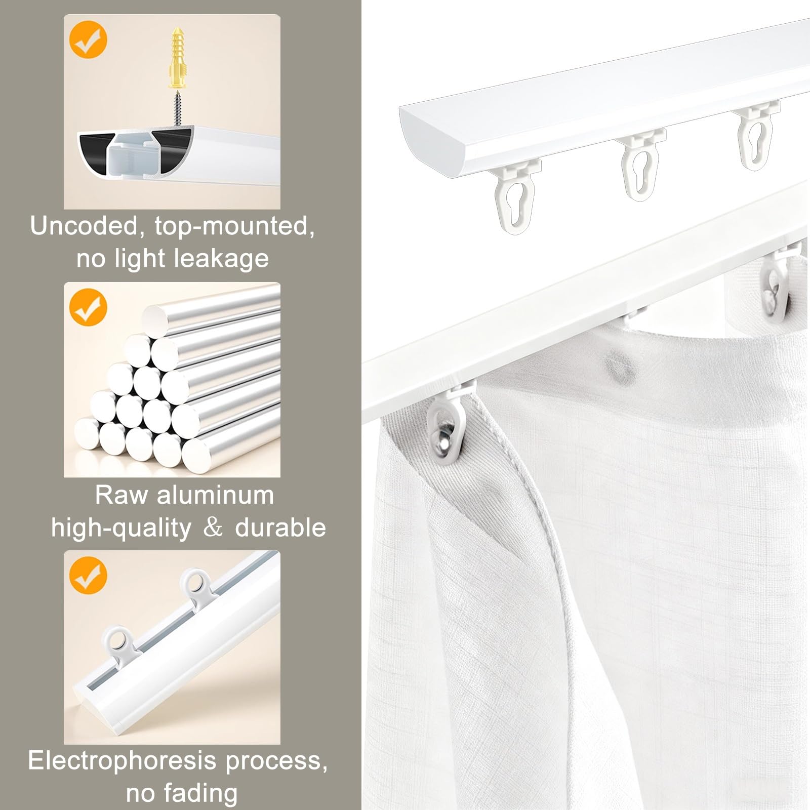 Rail de rideau en forme de S ultra fin en aluminium pour baies vitrées et cloisons de séparation de pièce 240 cm