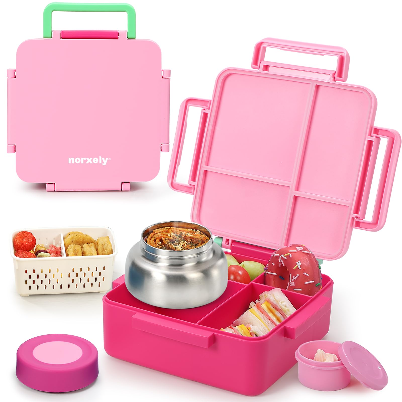 Bento Box for Kids with Thermos, [Large Capacity] Insulated Lunch Box Kids with 4 Compartment for Ages 3+, Drop-Proof &amp; Dishwasher Safe Lunchbox Container Pink