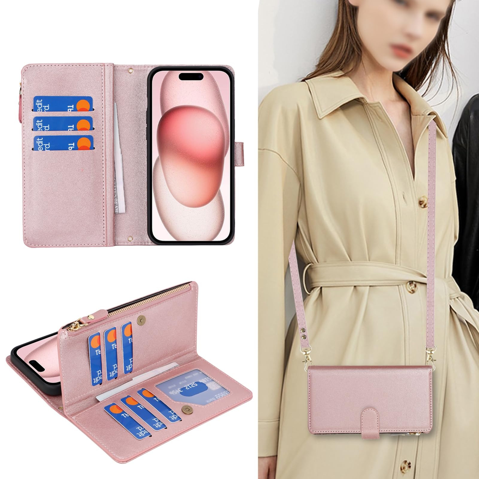 Jaorty Crossbody Phone Case For IPhone 15 Pro With Strap Lanyard,for IPhone 15 Pro Wallet Case For Women With Card Holder,Zipper Pocket Magnetic Flip Leather Protective Case,6.1" Purple