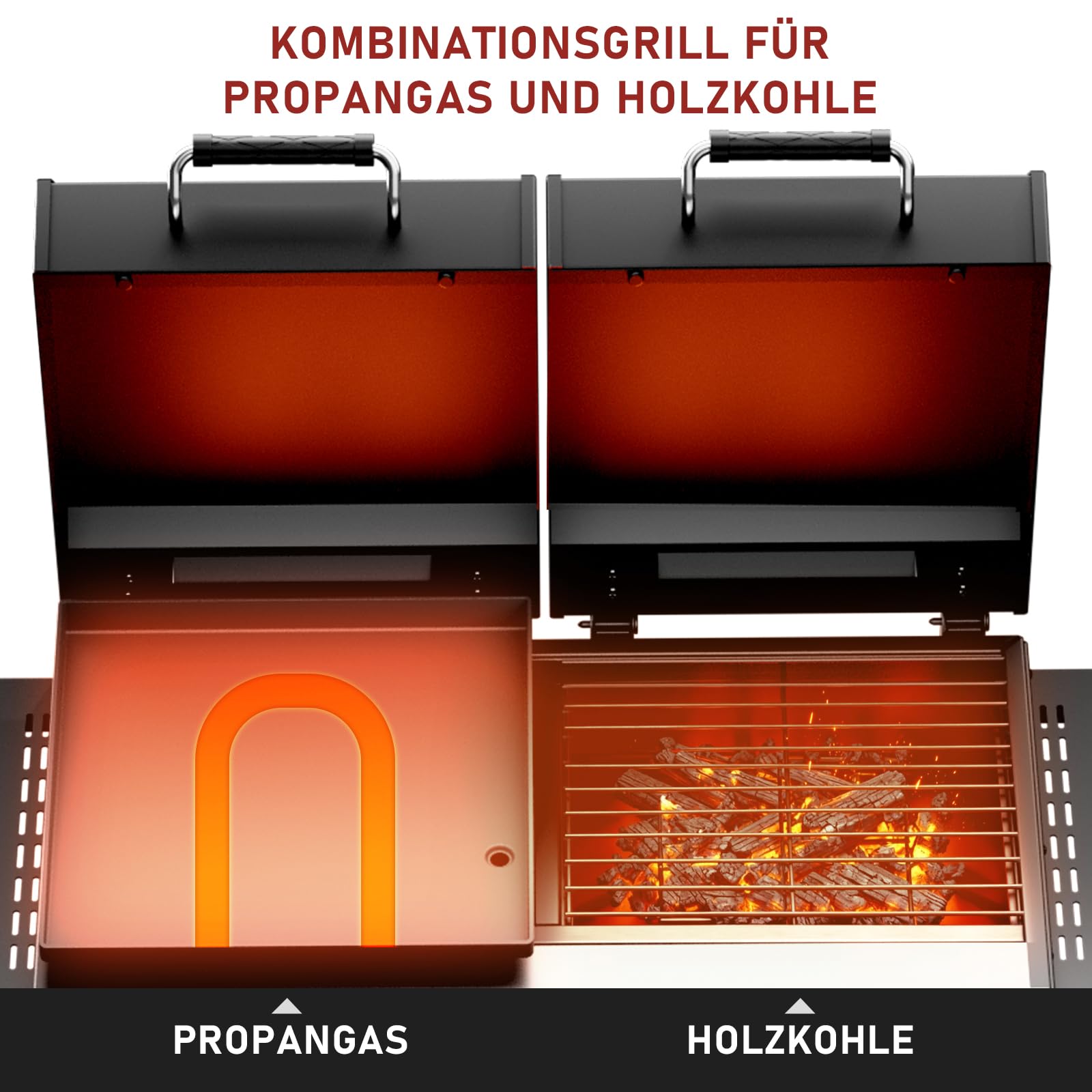 LEADZM Gasgrill 2-in-1 Gas- & Holzkohlegrill 4.5 kW - Ausgestattet mit einem 50-Mbar-Druckminderventil, Geeignet für Familienfeiern und Picknicks im Freien